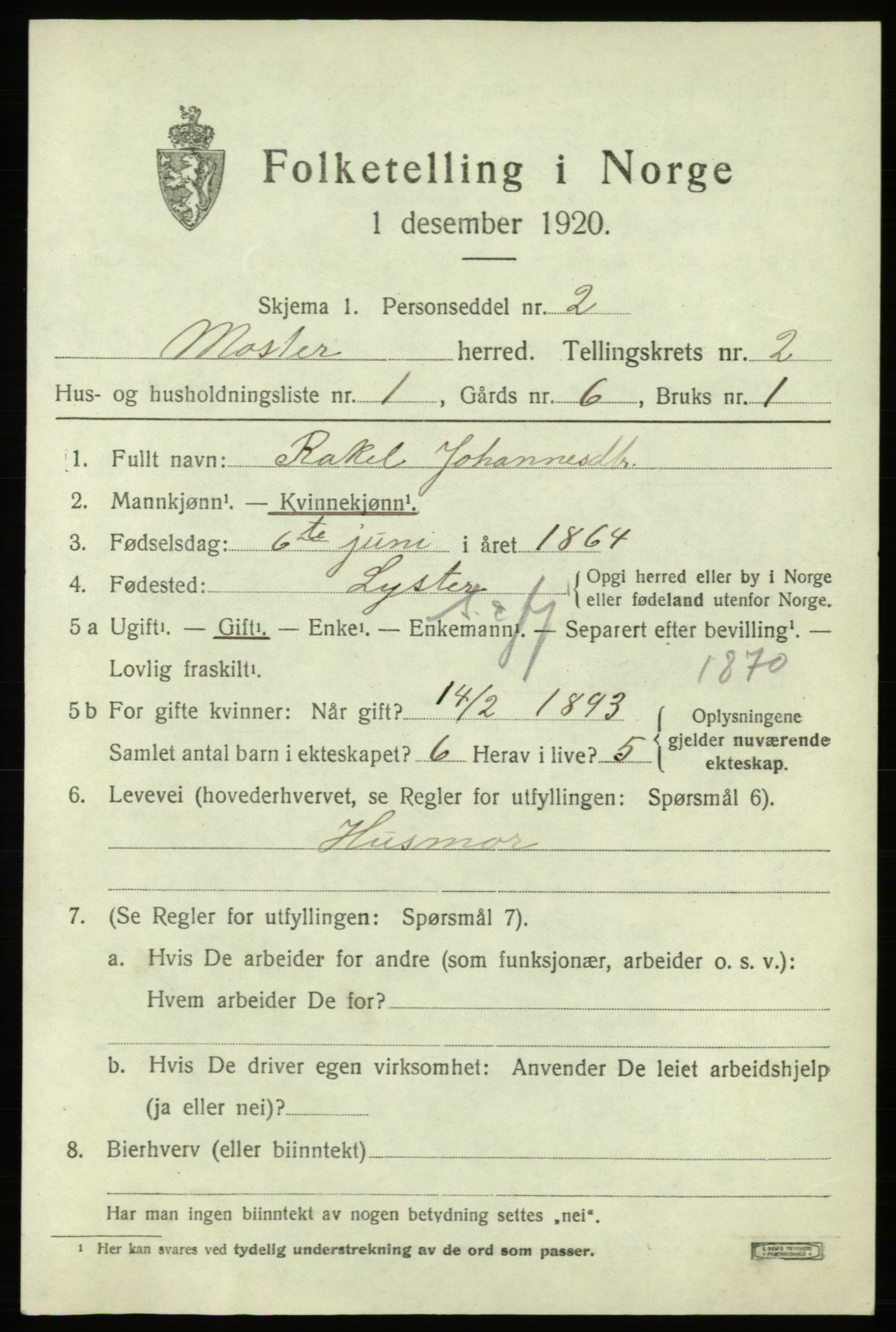 SAB, 1920 census for Moster, 1920, p. 823