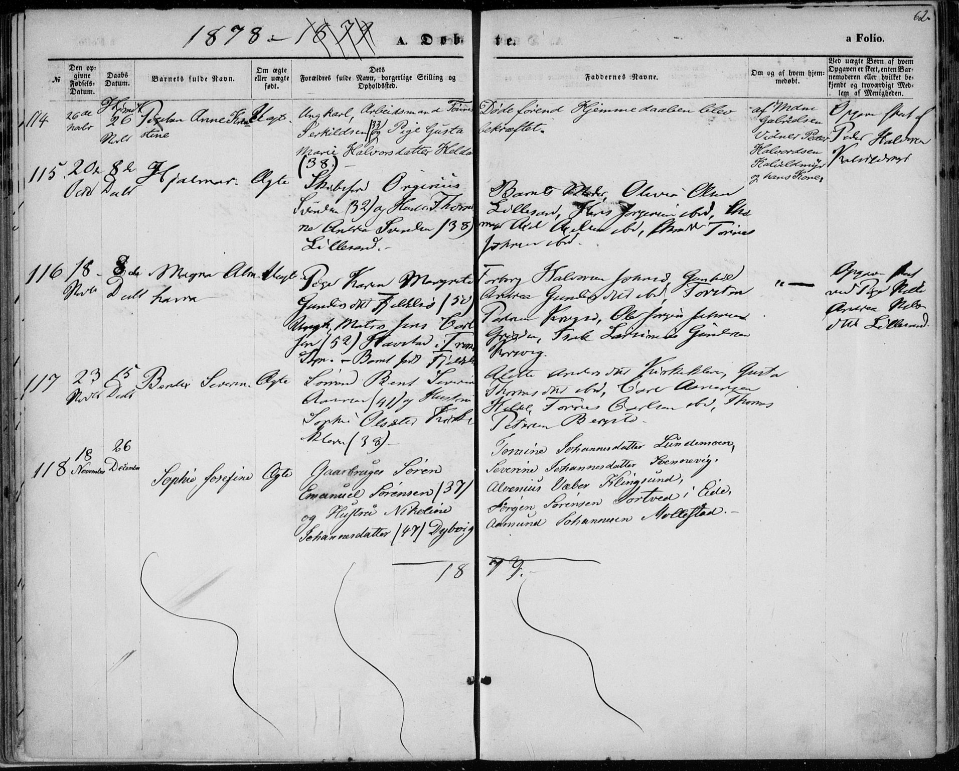 Vestre Moland sokneprestkontor, SAK/1111-0046/F/Fa/Fab/L0008: Parish register (official) no. A 8, 1873-1883, p. 62