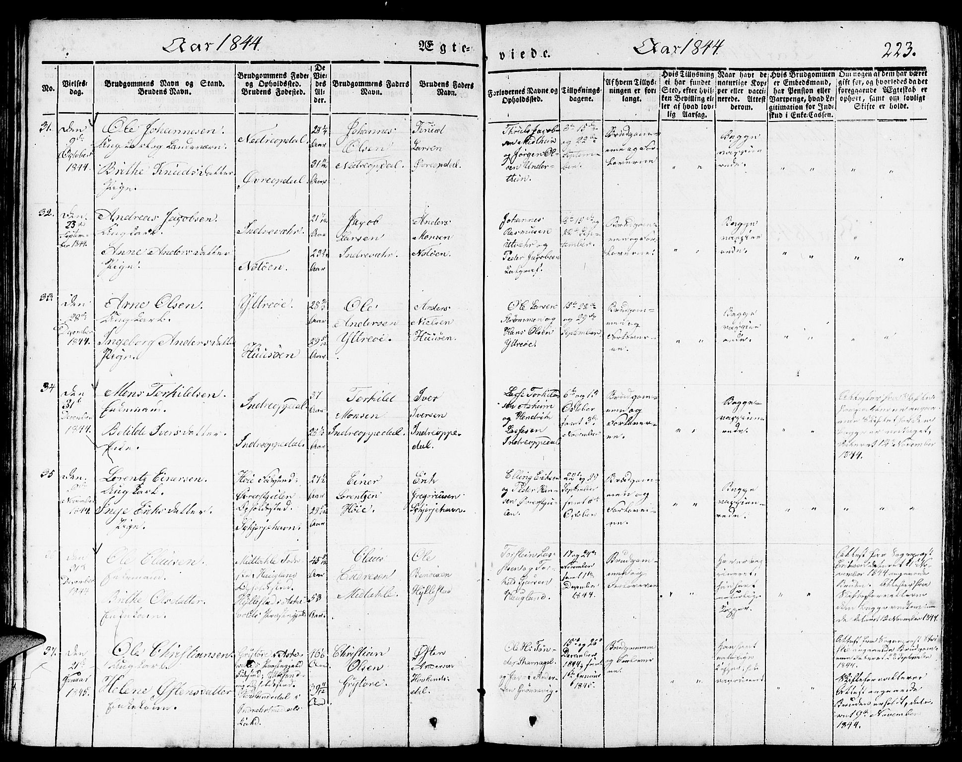 Gulen sokneprestembete, AV/SAB-A-80201/H/Haa/Haaa/L0020: Parish register (official) no. A 20, 1837-1847, p. 223