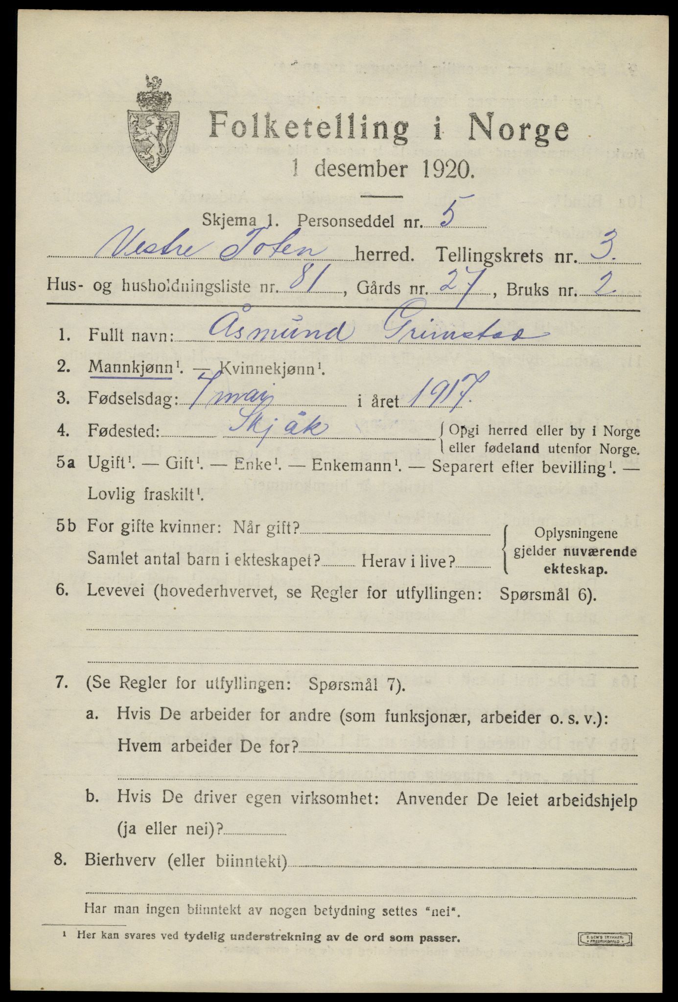 SAH, 1920 census for Vestre Toten, 1920, p. 5544