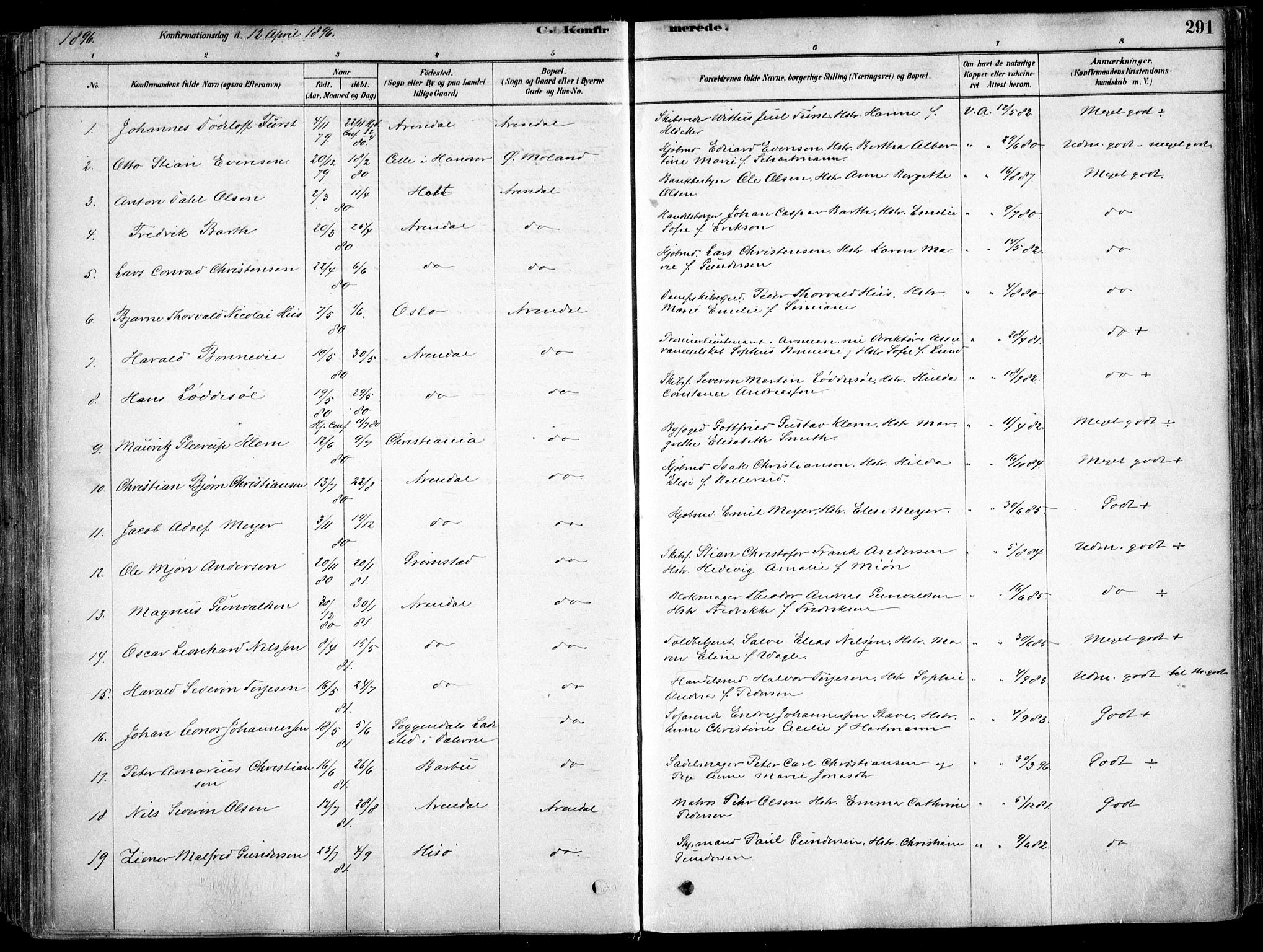 Arendal sokneprestkontor, Trefoldighet, SAK/1111-0040/F/Fa/L0008: Parish register (official) no. A 8, 1878-1899, p. 291