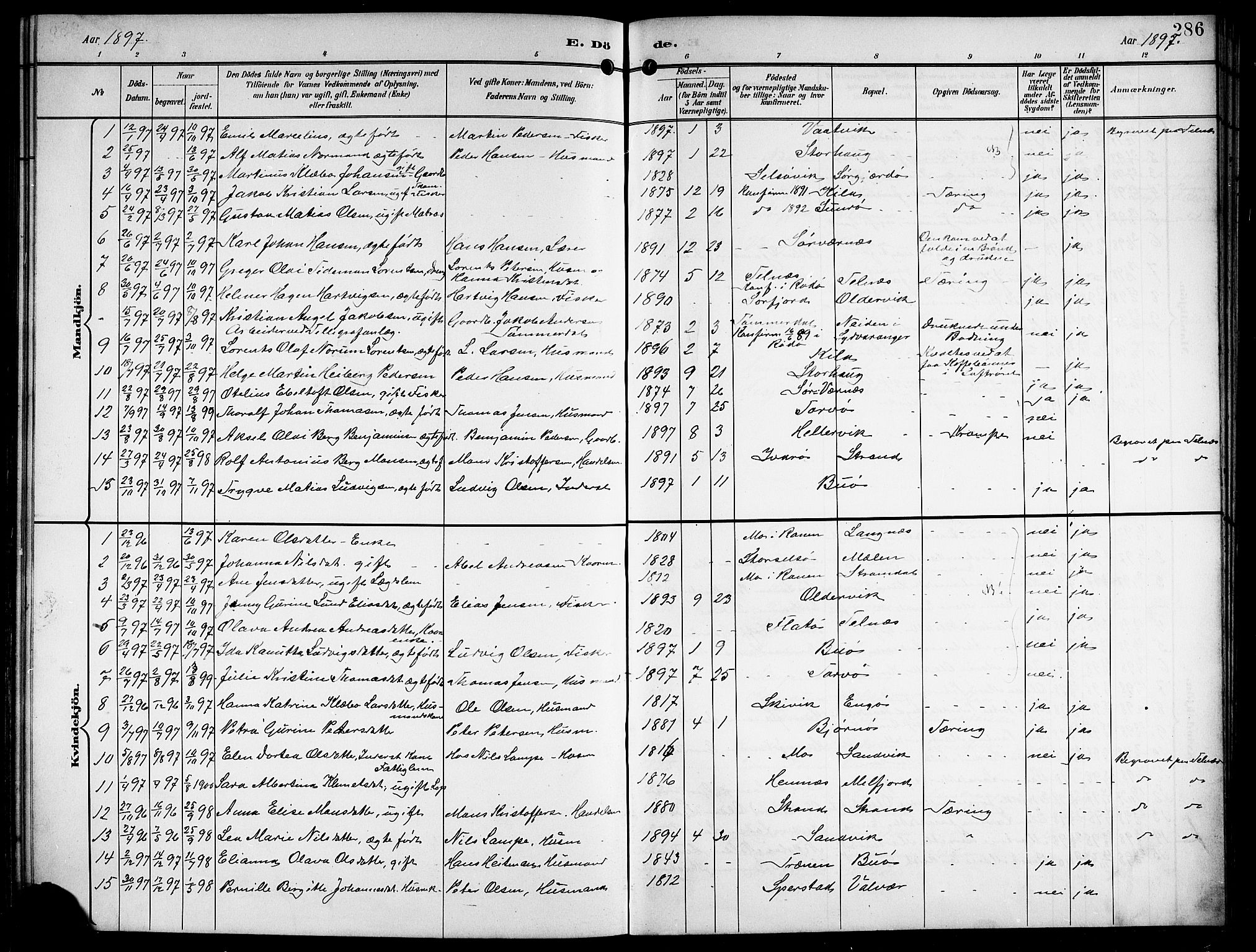 Ministerialprotokoller, klokkerbøker og fødselsregistre - Nordland, SAT/A-1459/841/L0621: Parish register (copy) no. 841C05, 1897-1923, p. 286