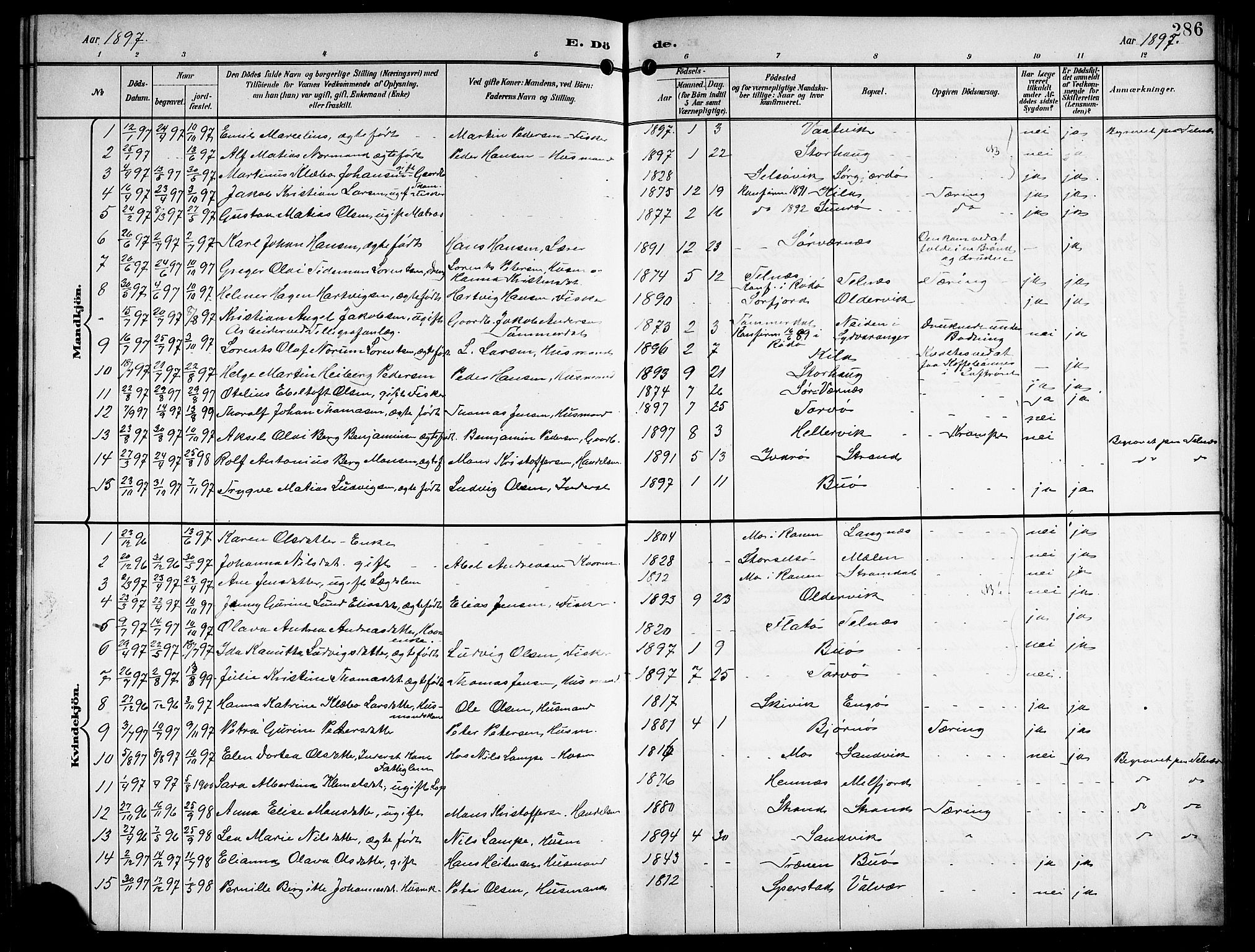 Ministerialprotokoller, klokkerbøker og fødselsregistre - Nordland, AV/SAT-A-1459/841/L0621: Parish register (copy) no. 841C05, 1897-1923, p. 286