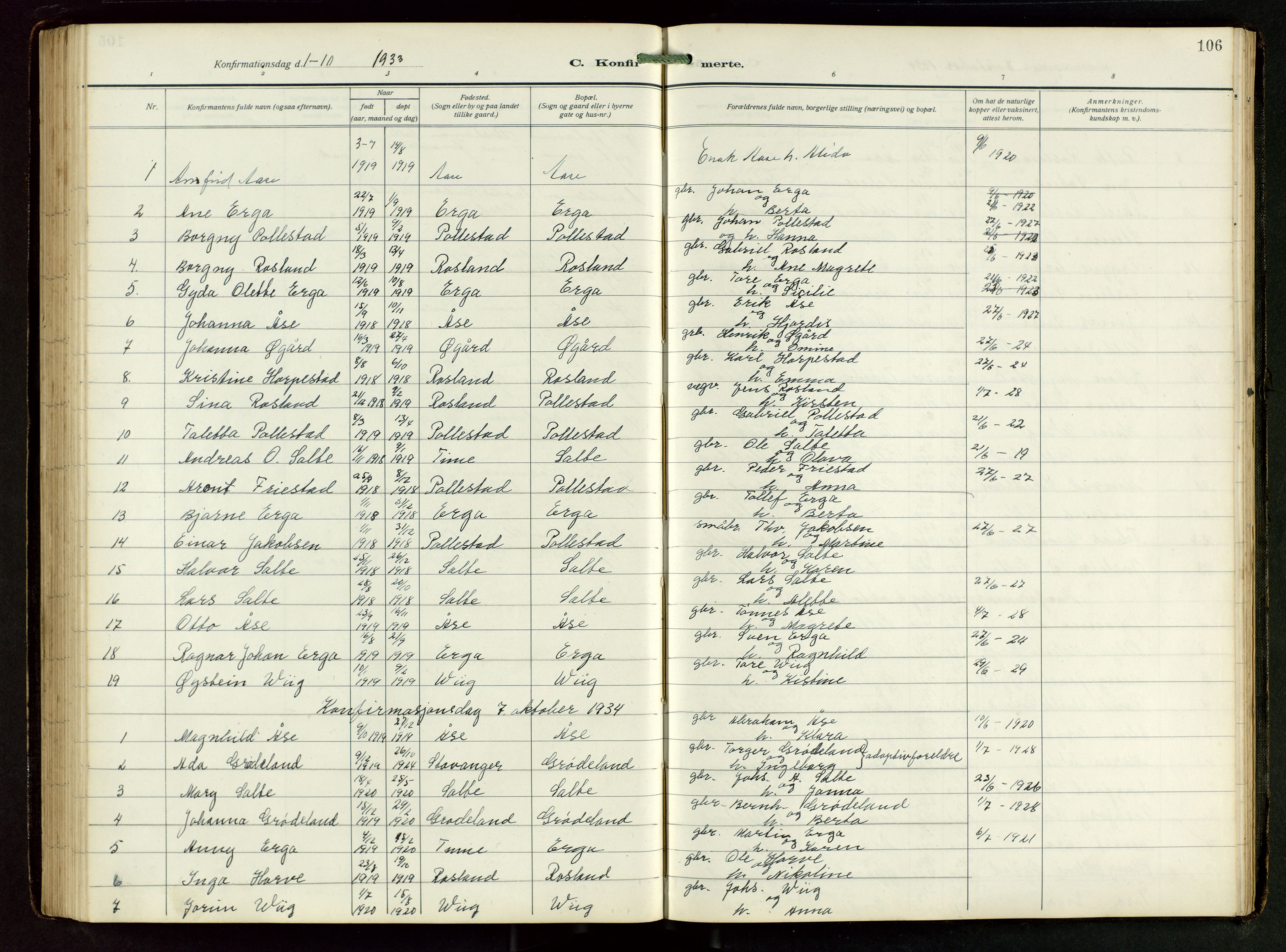 Klepp sokneprestkontor, SAST/A-101803/001/3/30BB/L0008: Parish register (copy) no. B 8, 1918-1949, p. 106