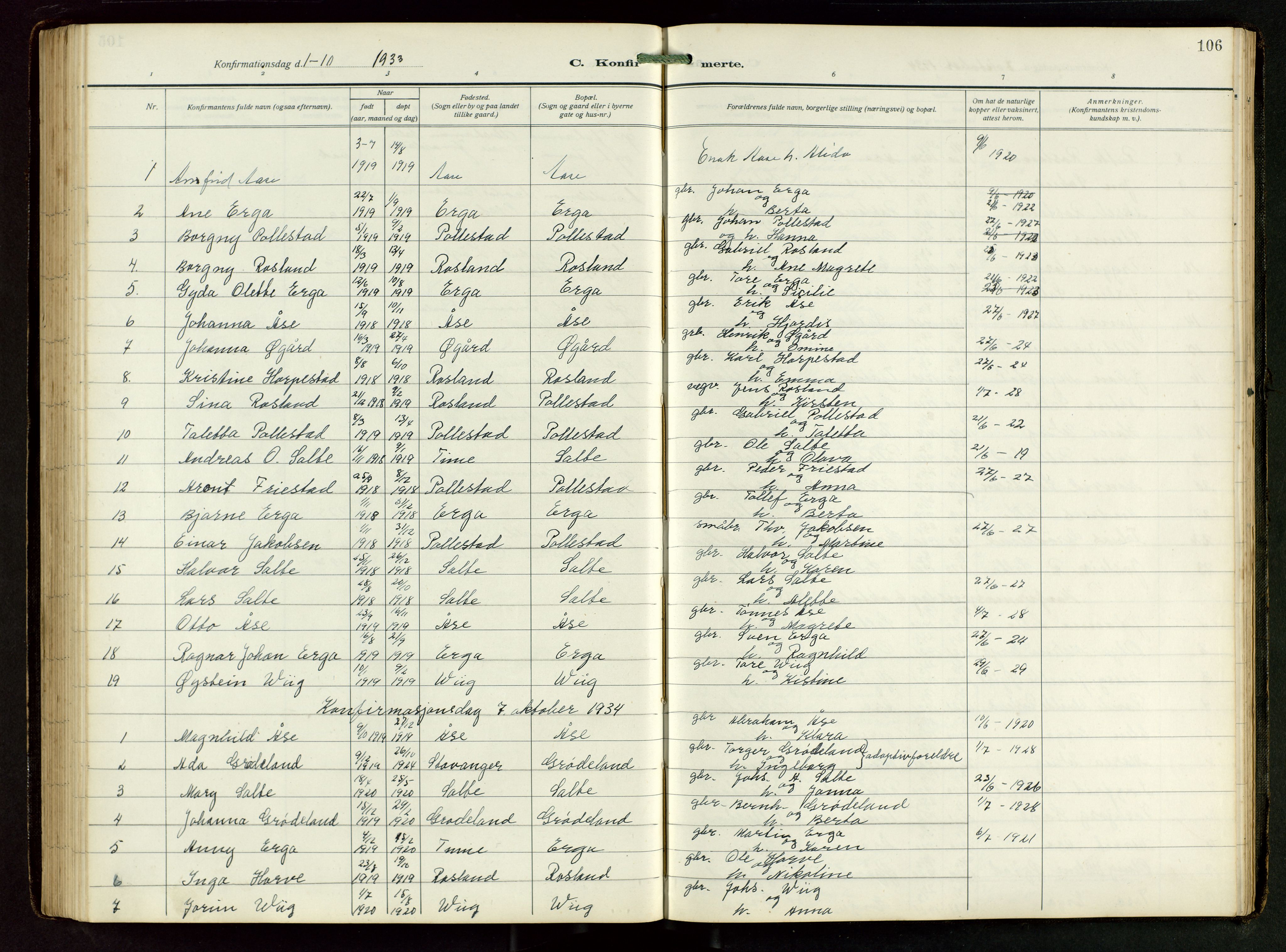 Klepp sokneprestkontor, AV/SAST-A-101803/001/3/30BB/L0008: Parish register (copy) no. B 8, 1918-1949, p. 106