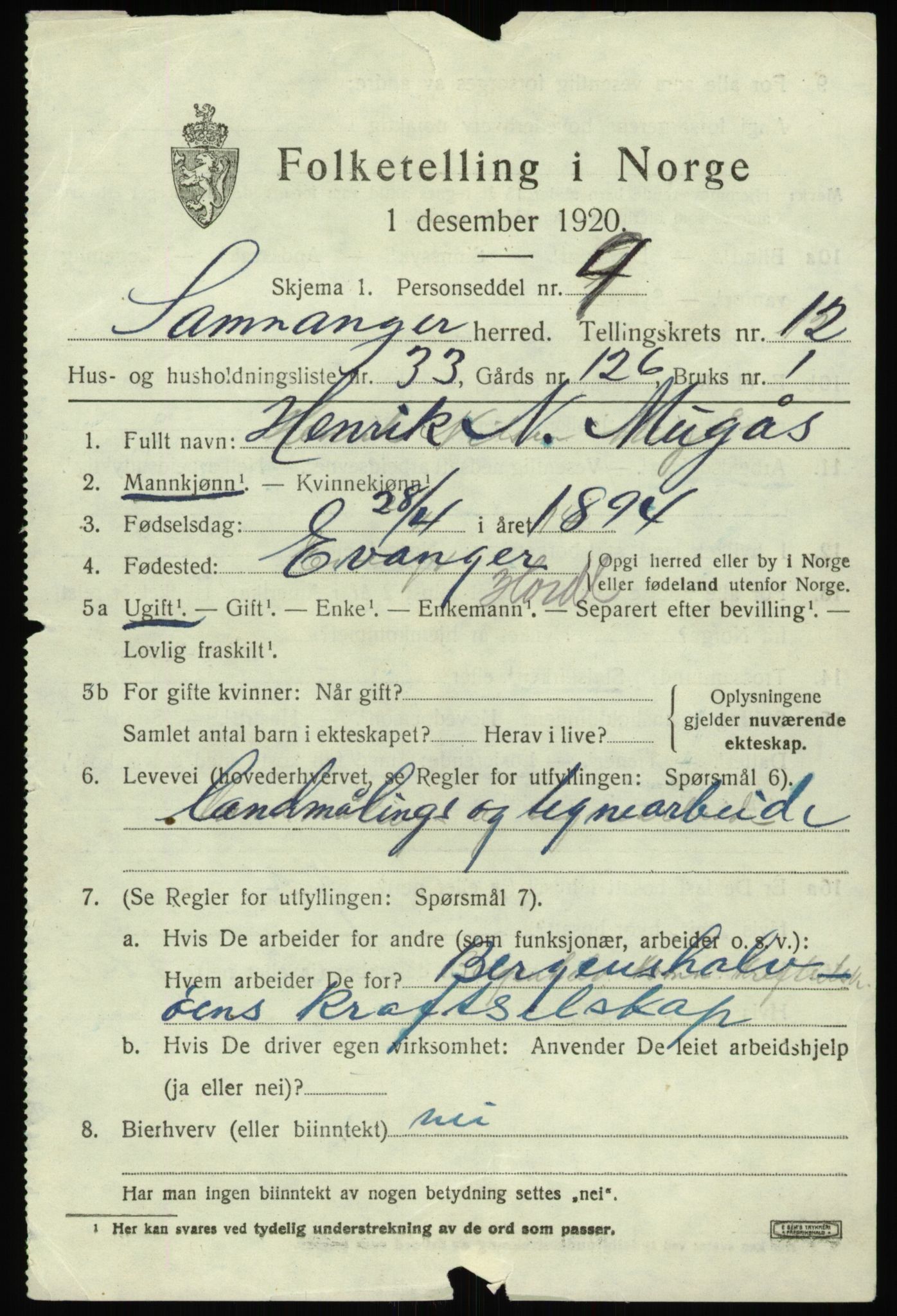 SAB, 1920 census for Samnanger, 1920, p. 5099