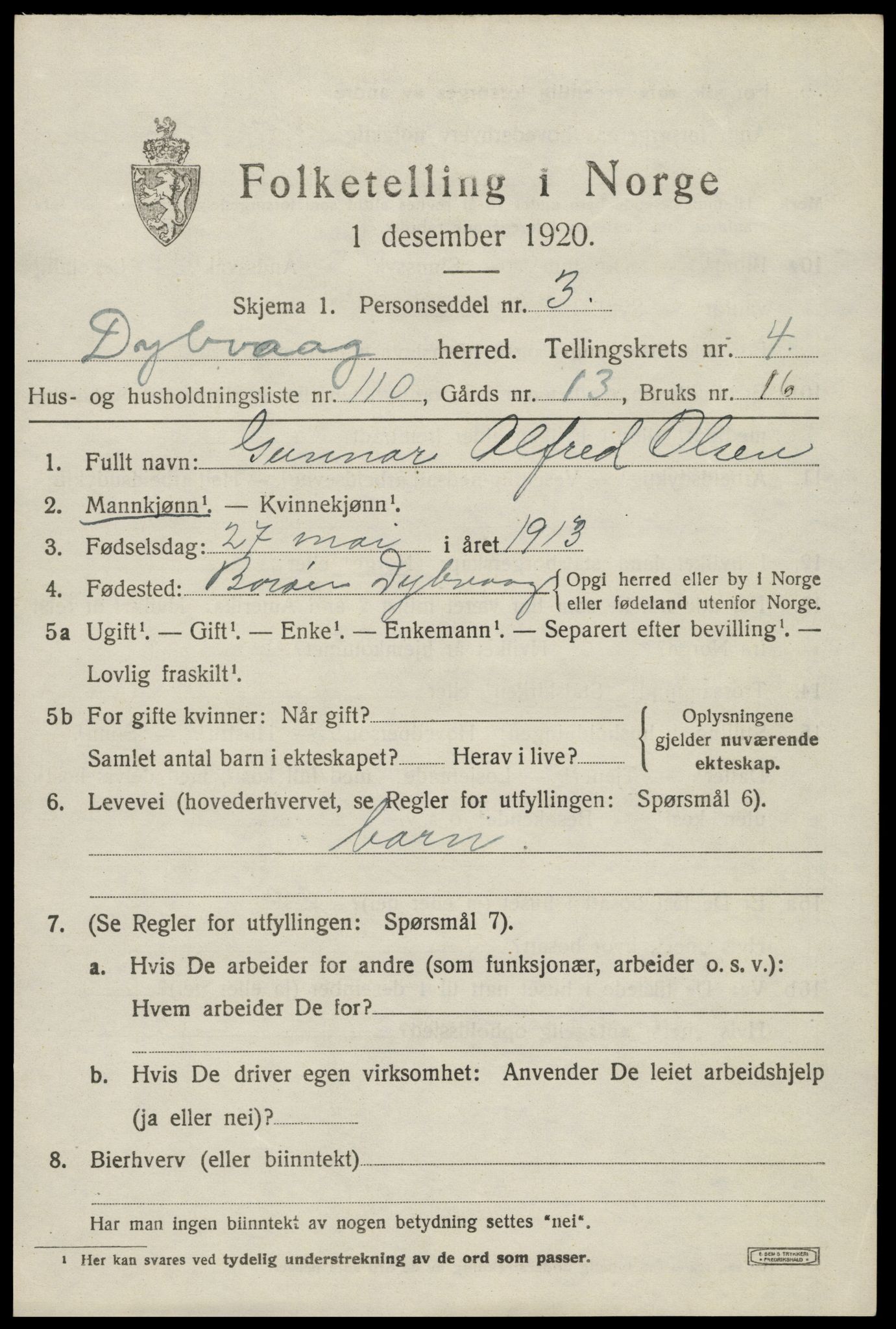 SAK, 1920 census for Dypvåg, 1920, p. 4107