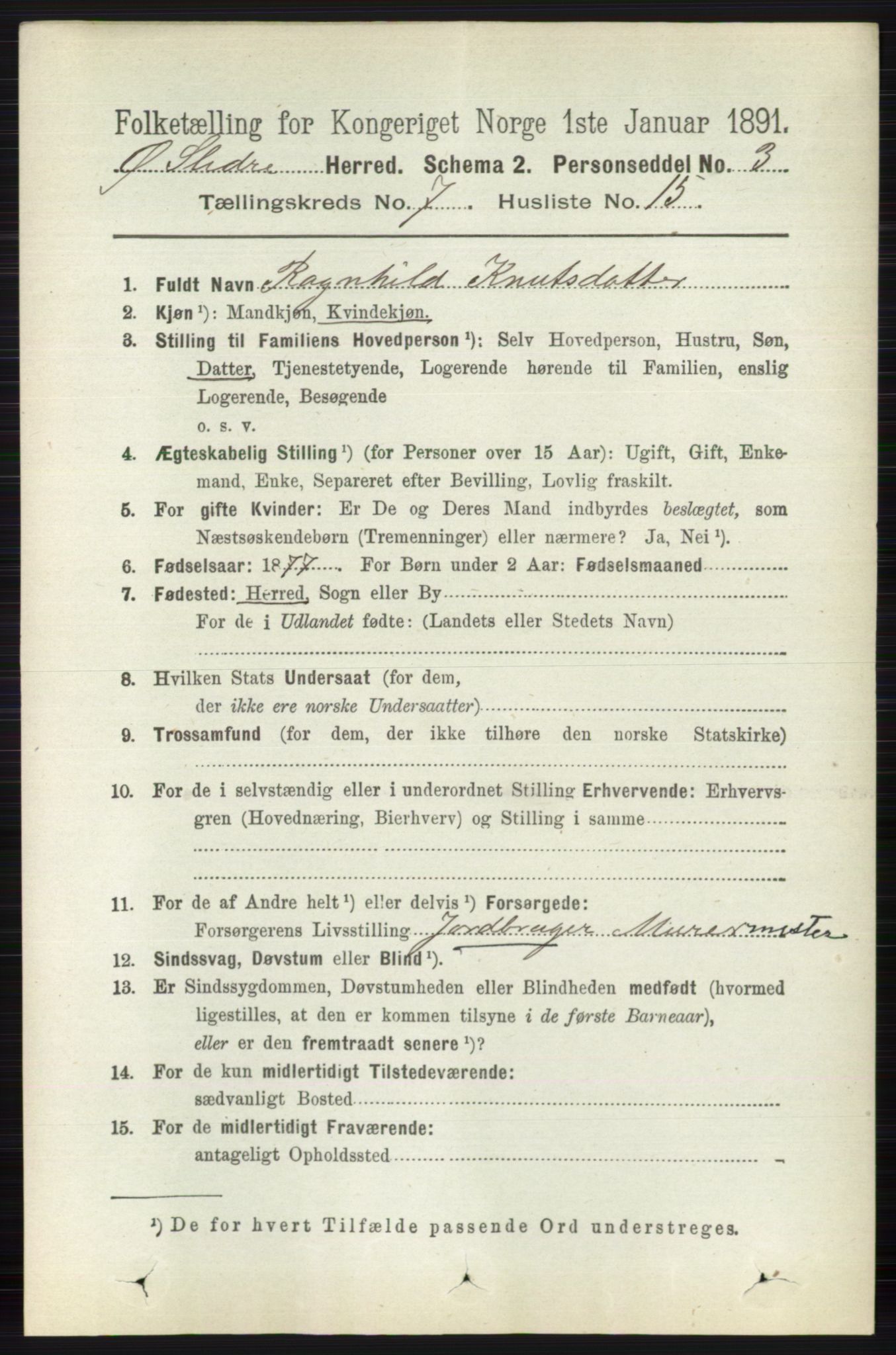 RA, 1891 census for 0544 Øystre Slidre, 1891, p. 2239