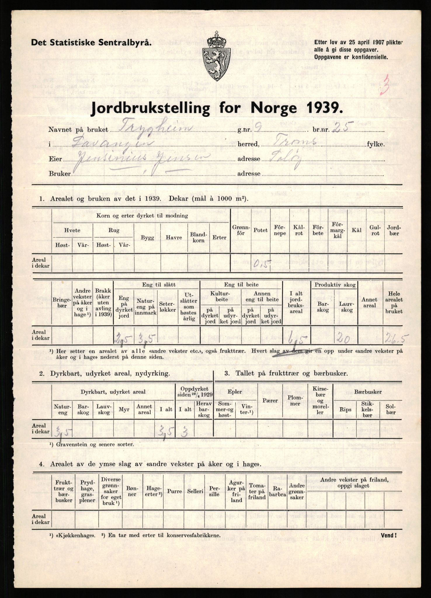 Statistisk sentralbyrå, Næringsøkonomiske emner, Jordbruk, skogbruk, jakt, fiske og fangst, AV/RA-S-2234/G/Gb/L0339: Troms: Andørja, Astafjord og Lavangen, 1939, p. 928