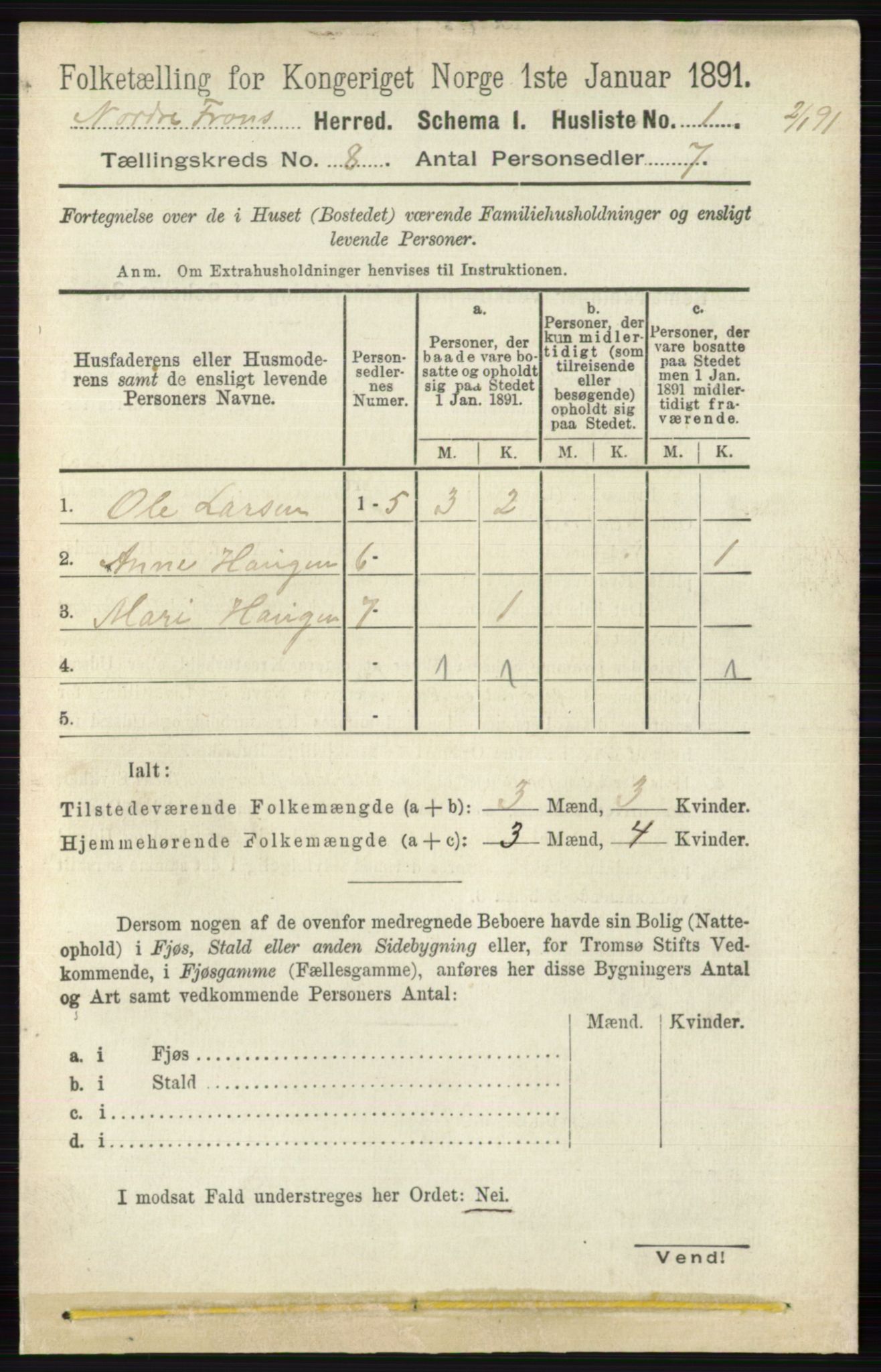 RA, 1891 census for 0518 Nord-Fron, 1891, p. 3380