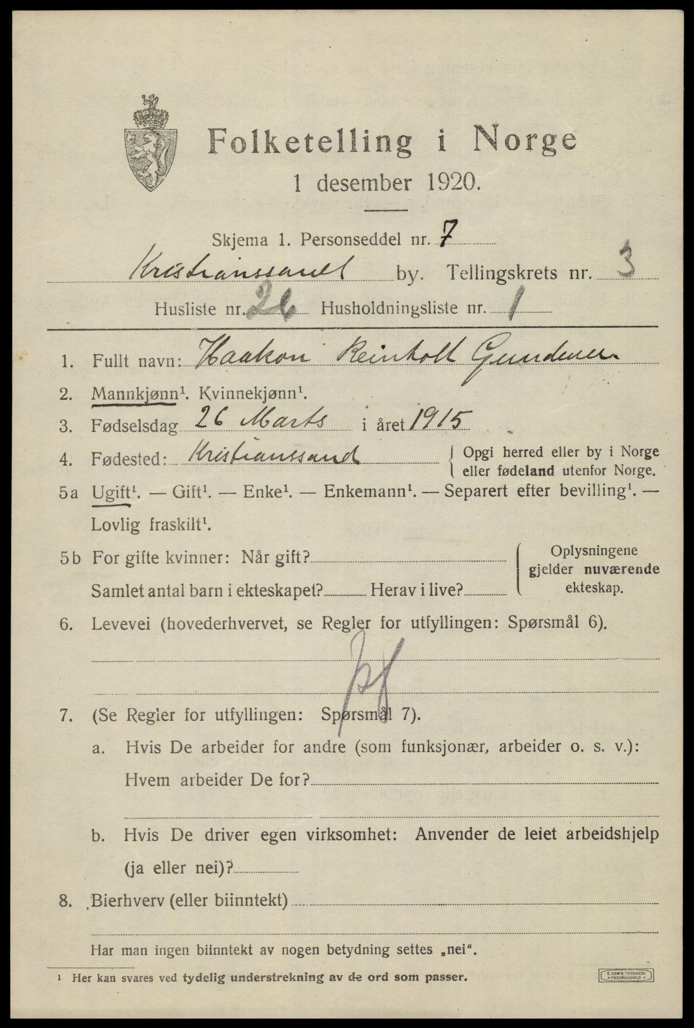 SAK, 1920 census for Kristiansand, 1920, p. 14351