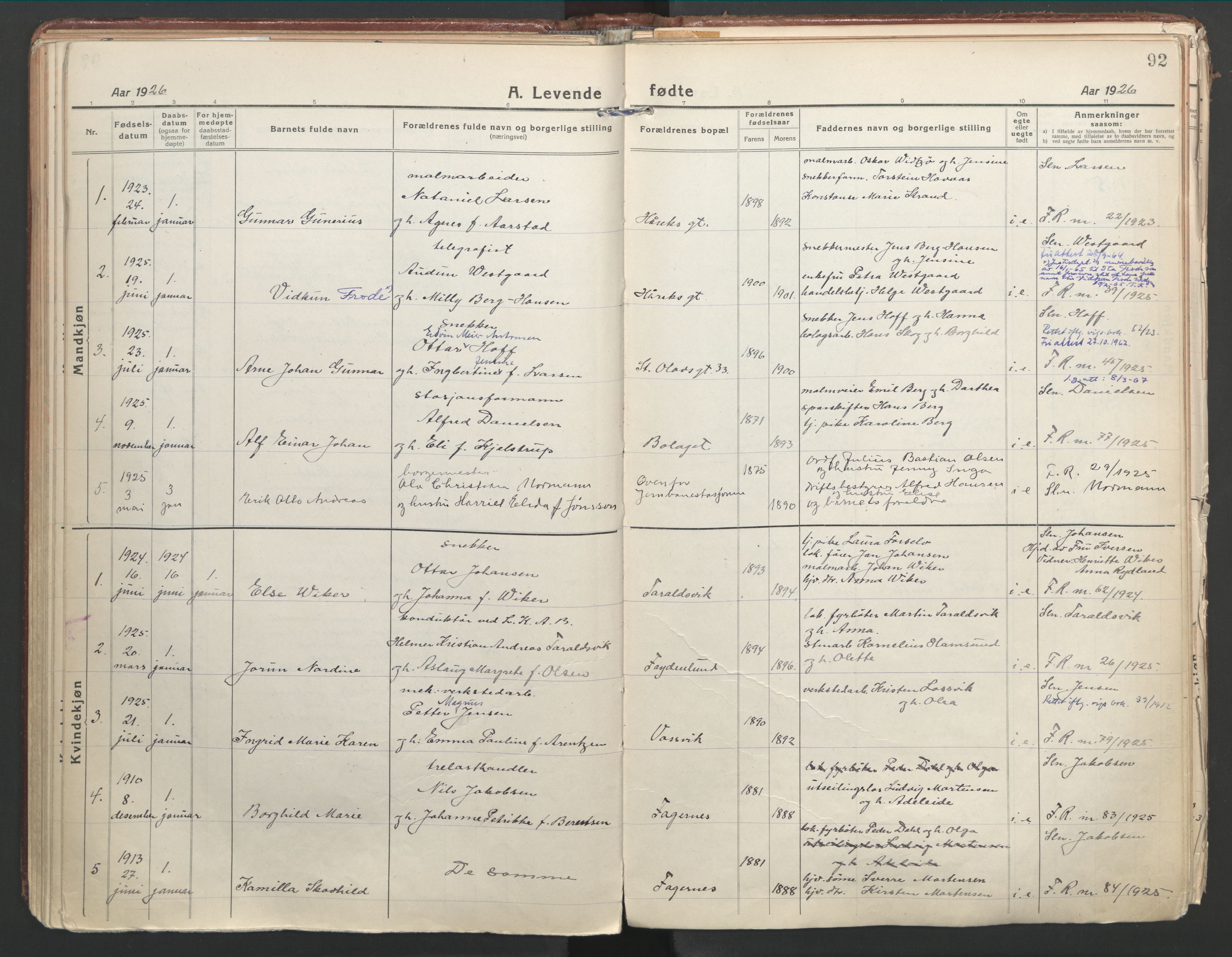 Ministerialprotokoller, klokkerbøker og fødselsregistre - Nordland, SAT/A-1459/871/L1003: Parish register (official) no. 871A19, 1921-1930, p. 92