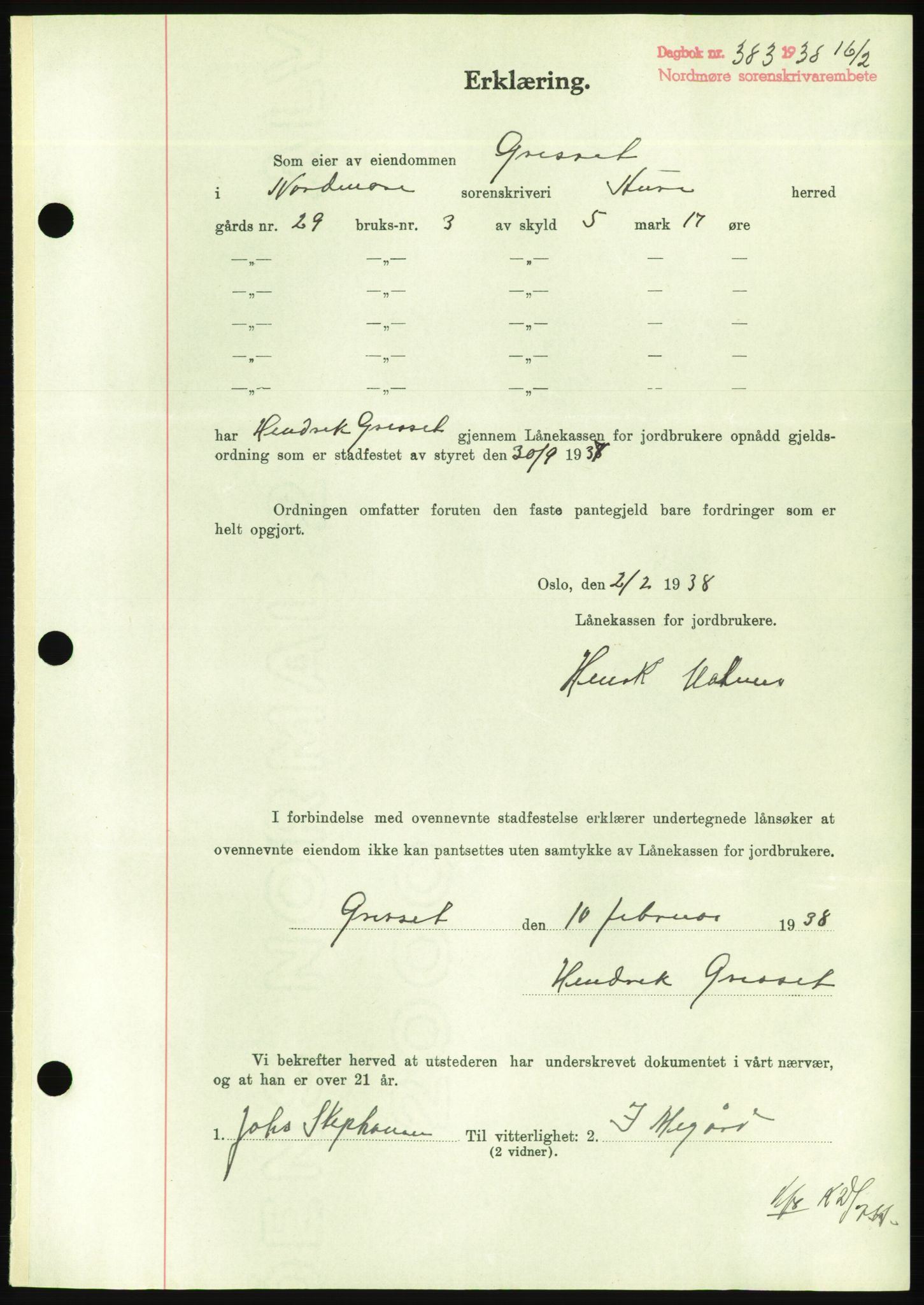 Nordmøre sorenskriveri, AV/SAT-A-4132/1/2/2Ca/L0092: Mortgage book no. B82, 1937-1938, Diary no: : 383/1938