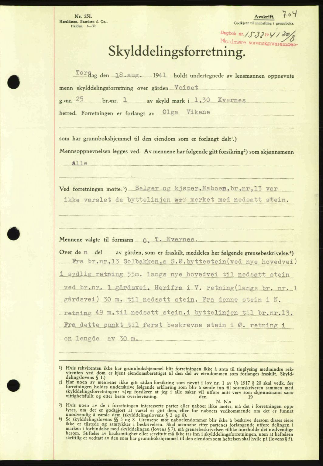 Nordmøre sorenskriveri, SAT/A-4132/1/2/2Ca: Mortgage book no. A90, 1941-1941, Diary no: : 1532/1941