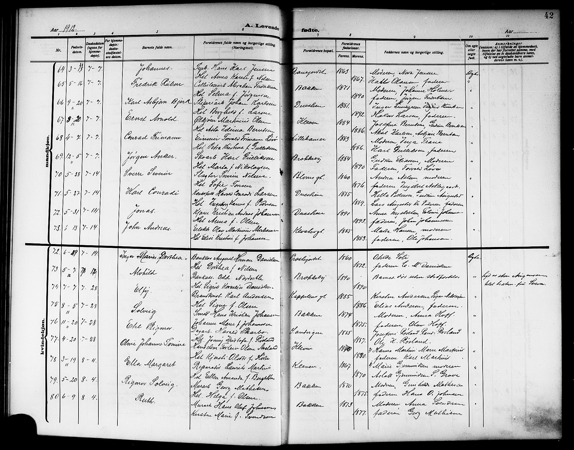 Skien kirkebøker, SAKO/A-302/G/Ga/L0009: Parish register (copy) no. 9, 1910-1920, p. 42