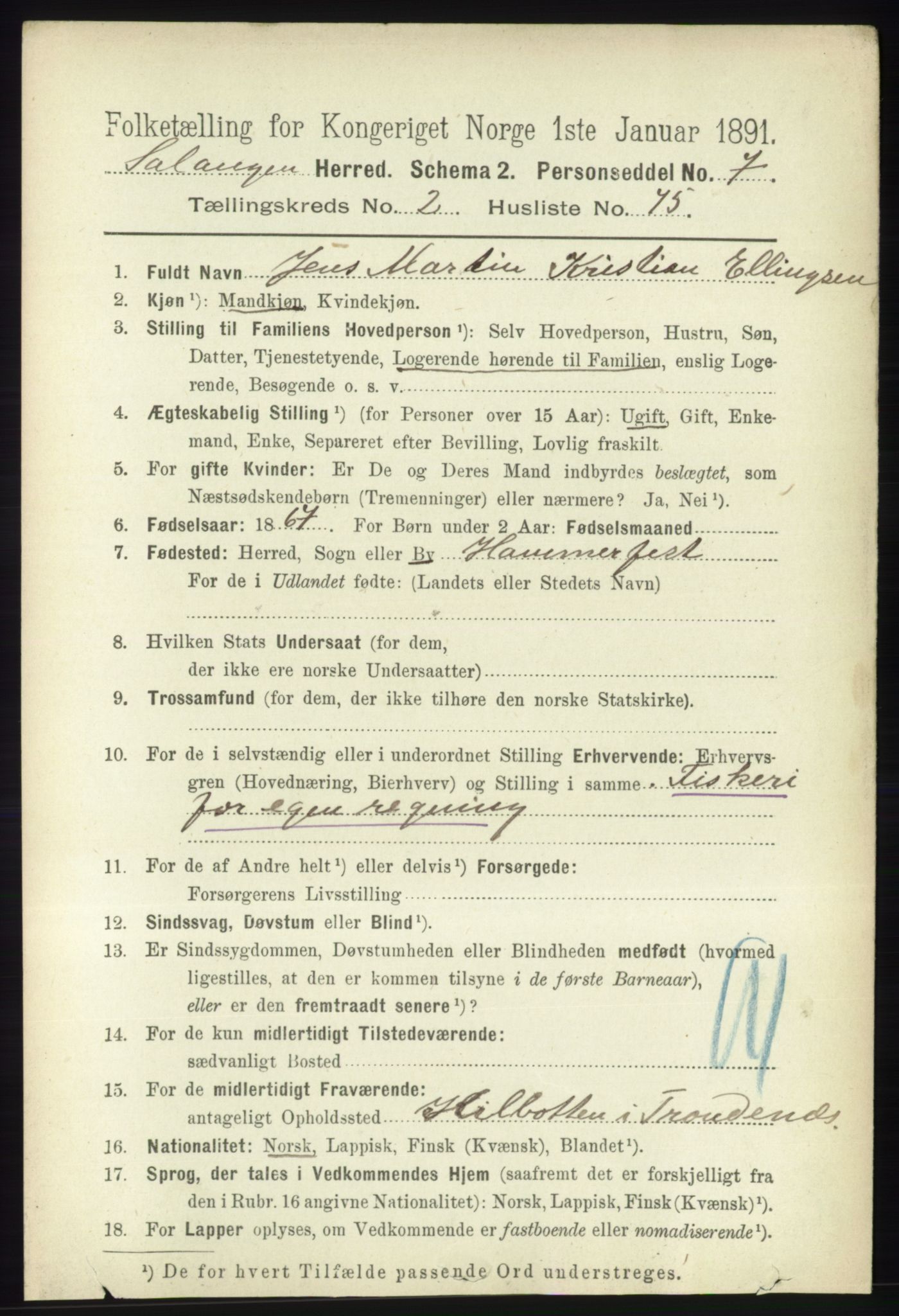 RA, 1891 census for 1921 Salangen, 1891, p. 1133