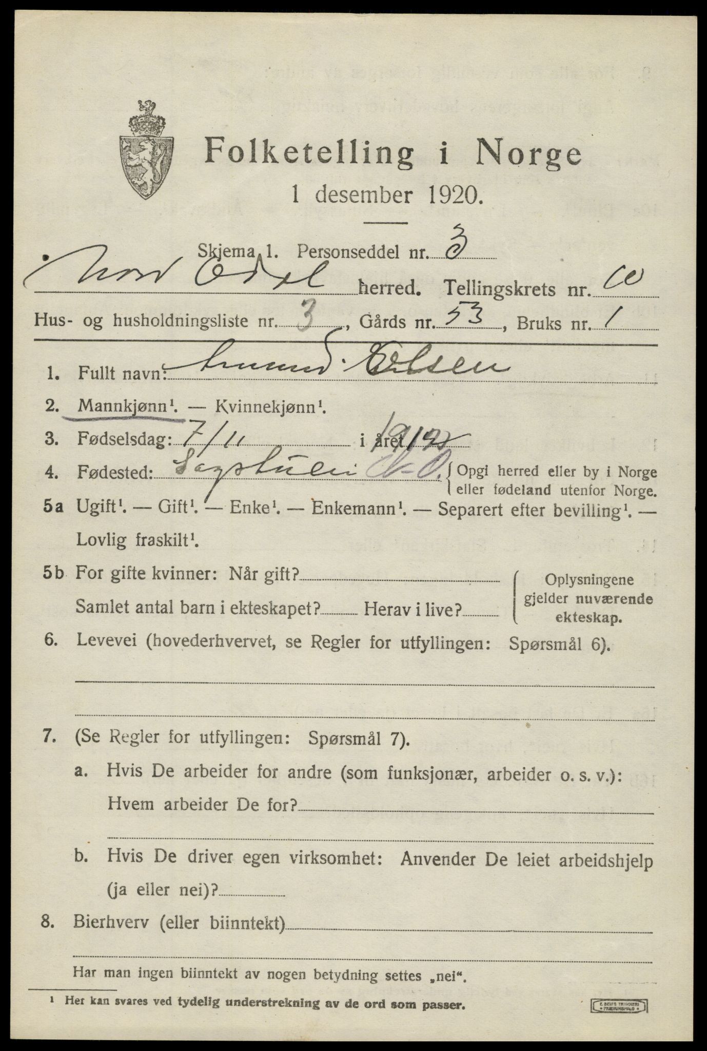 SAH, 1920 census for Nord-Odal, 1920, p. 10929