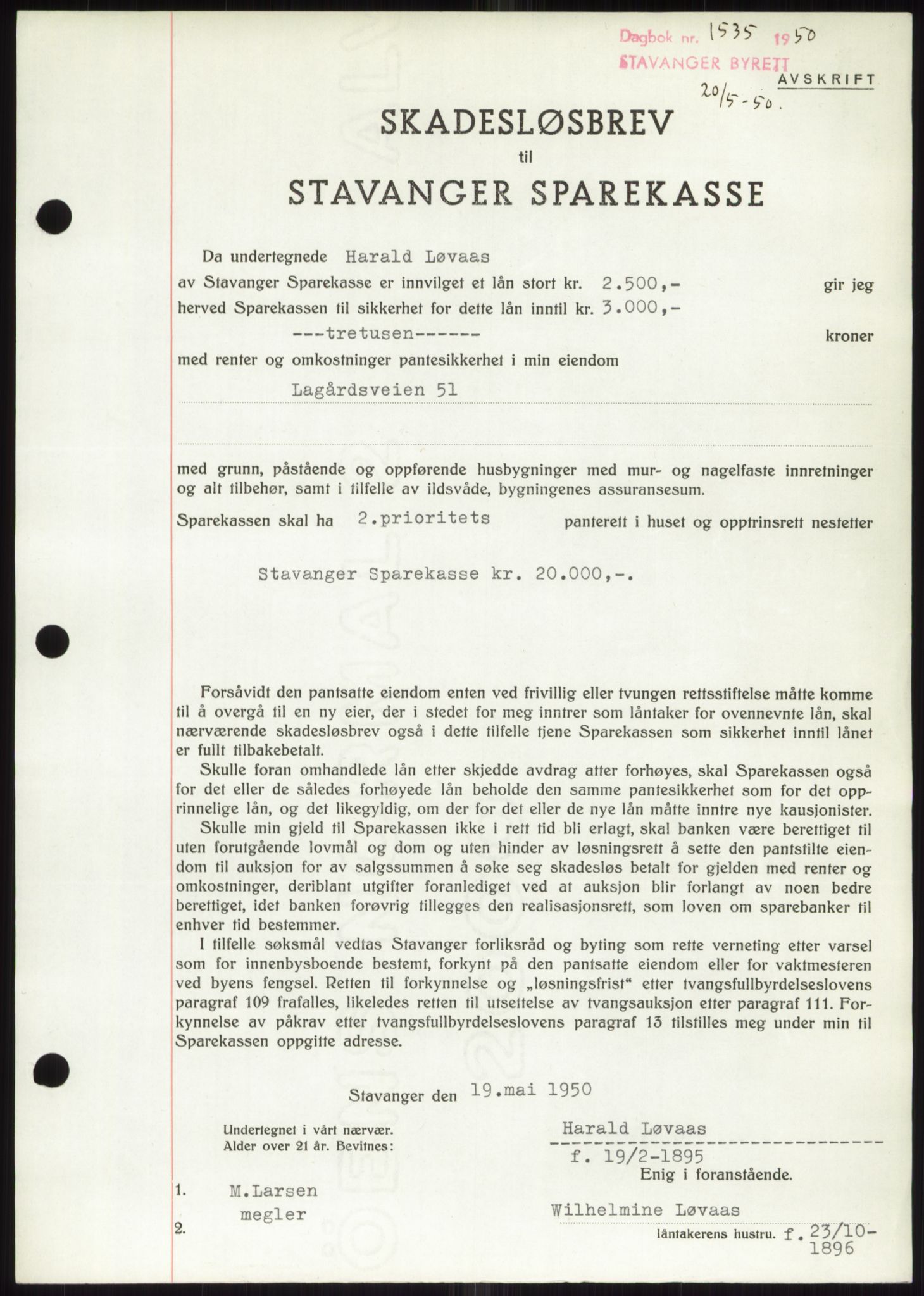 Stavanger byrett, SAST/A-100455/002/G/Gb/L0032: Mortgage book, 1947-1950, Diary no: : 1535/1950