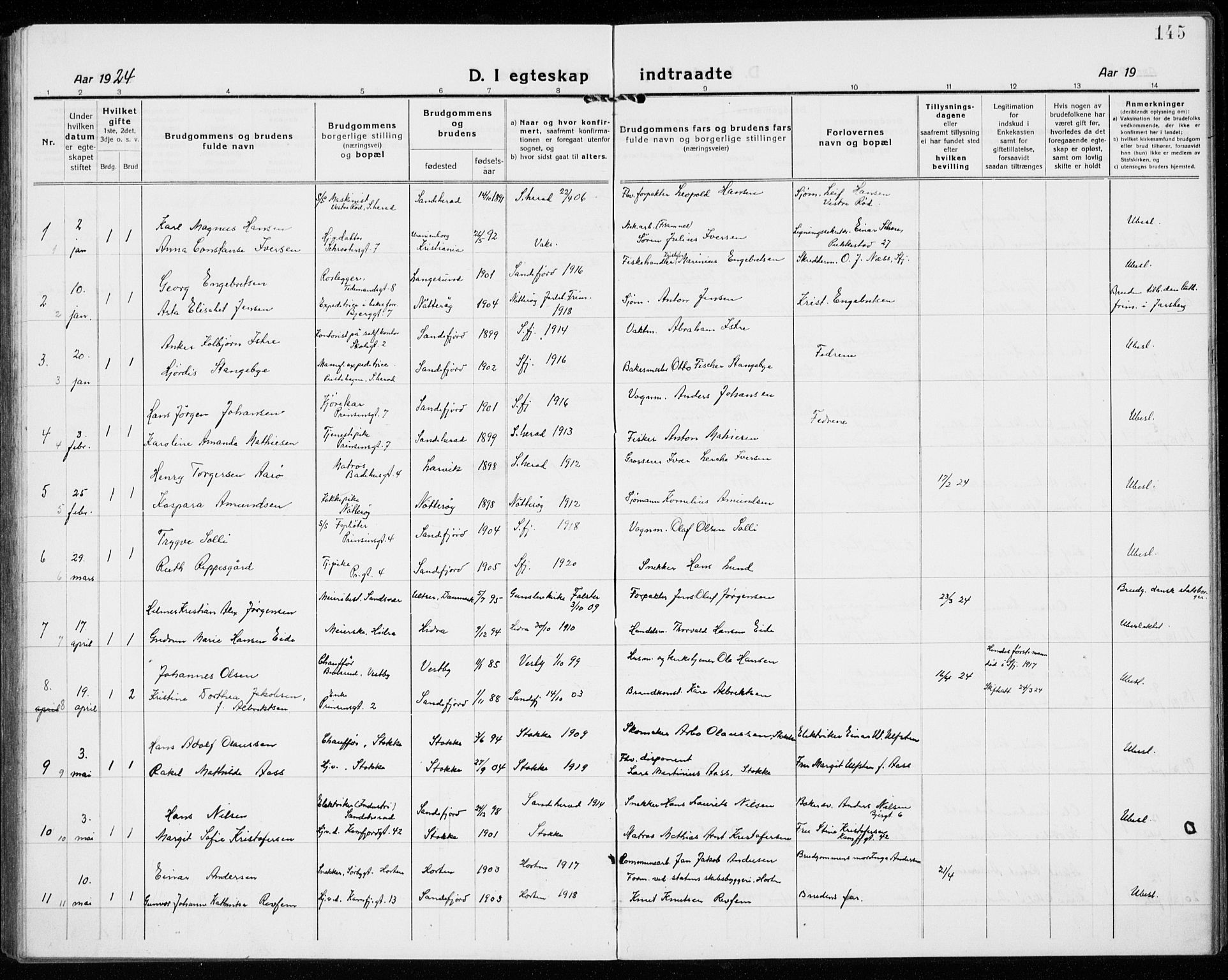 Sandefjord kirkebøker, AV/SAKO-A-315/G/Ga/L0004: Parish register (copy) no. 4, 1920-1931, p. 145