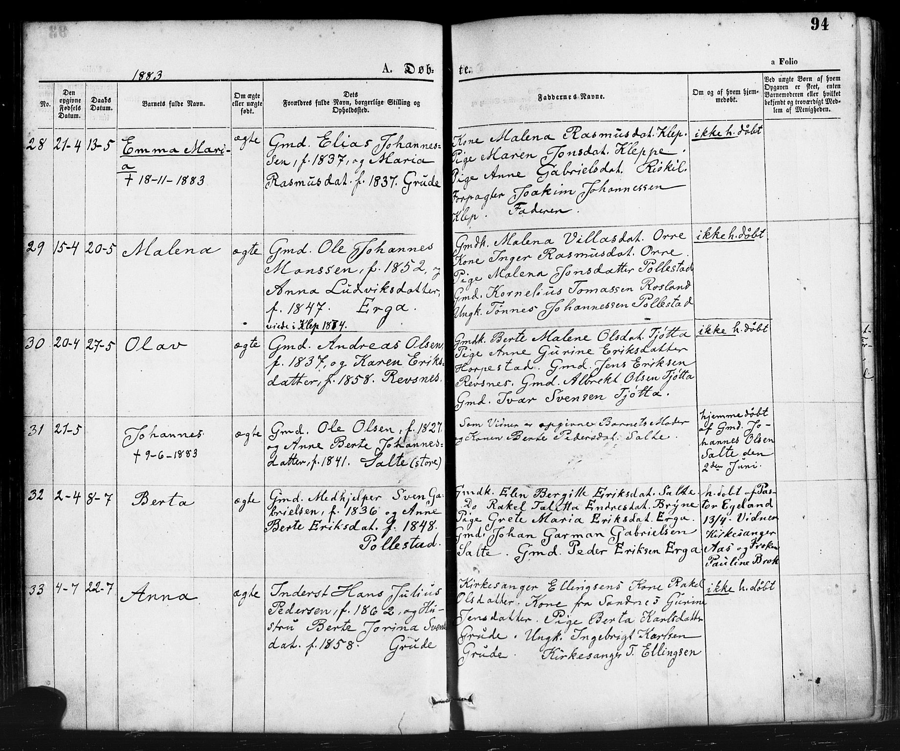 Klepp sokneprestkontor, AV/SAST-A-101803/001/3/30BA/L0006: Parish register (official) no. A 6, 1871-1885, p. 94