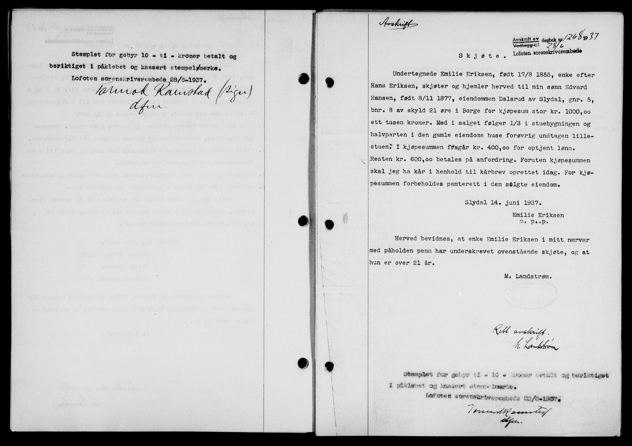 Lofoten sorenskriveri, SAT/A-0017/1/2/2C/L0002a: Mortgage book no. 2a, 1937-1937, Diary no: : 1268/1937