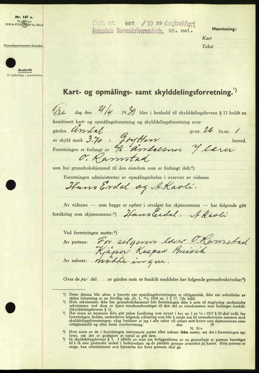 Romsdal sorenskriveri, AV/SAT-A-4149/1/2/2C: Mortgage book no. A6, 1938-1939, Diary no: : 957/1939