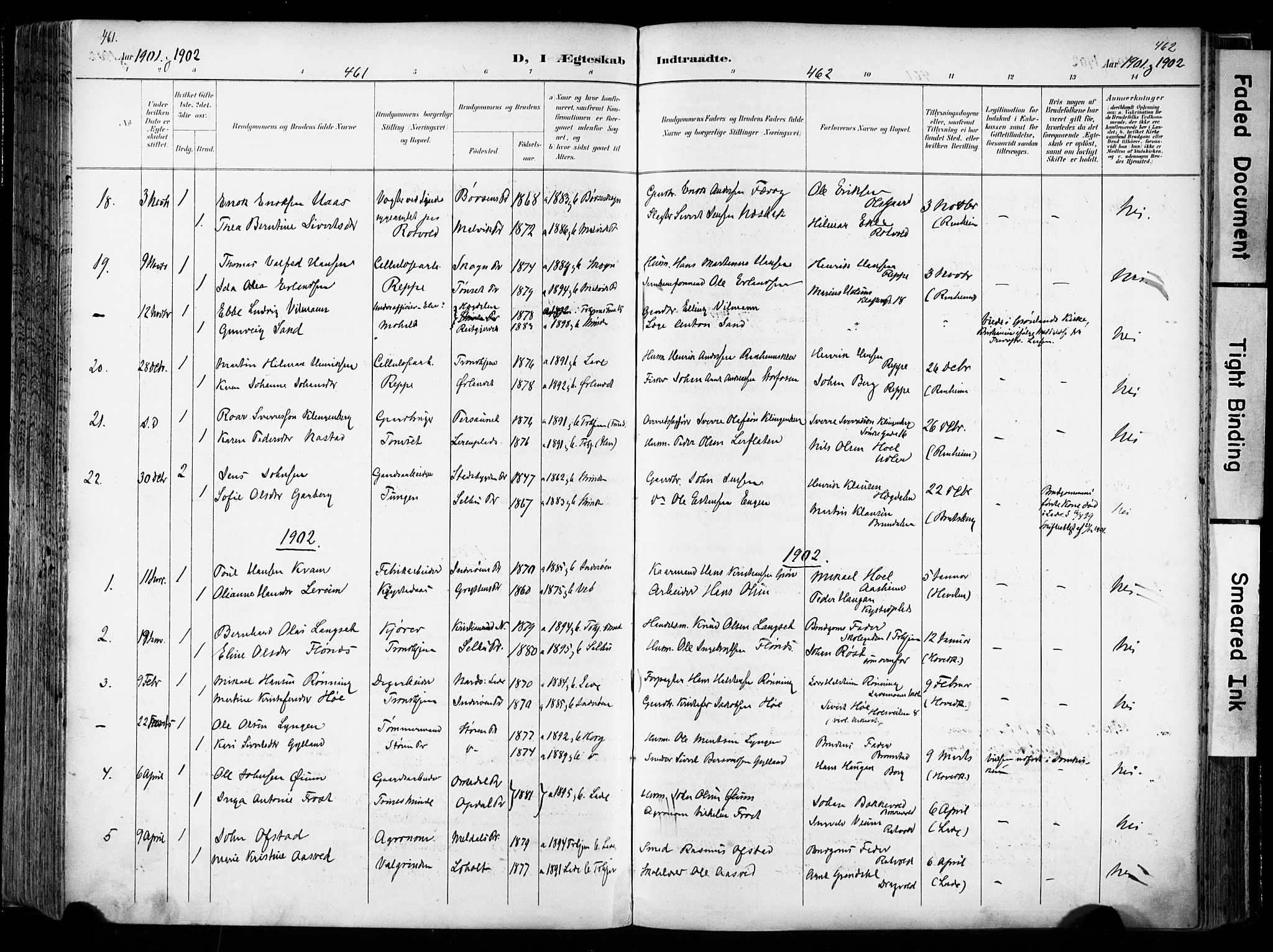 Ministerialprotokoller, klokkerbøker og fødselsregistre - Sør-Trøndelag, SAT/A-1456/606/L0301: Parish register (official) no. 606A16, 1894-1907, p. 461-462