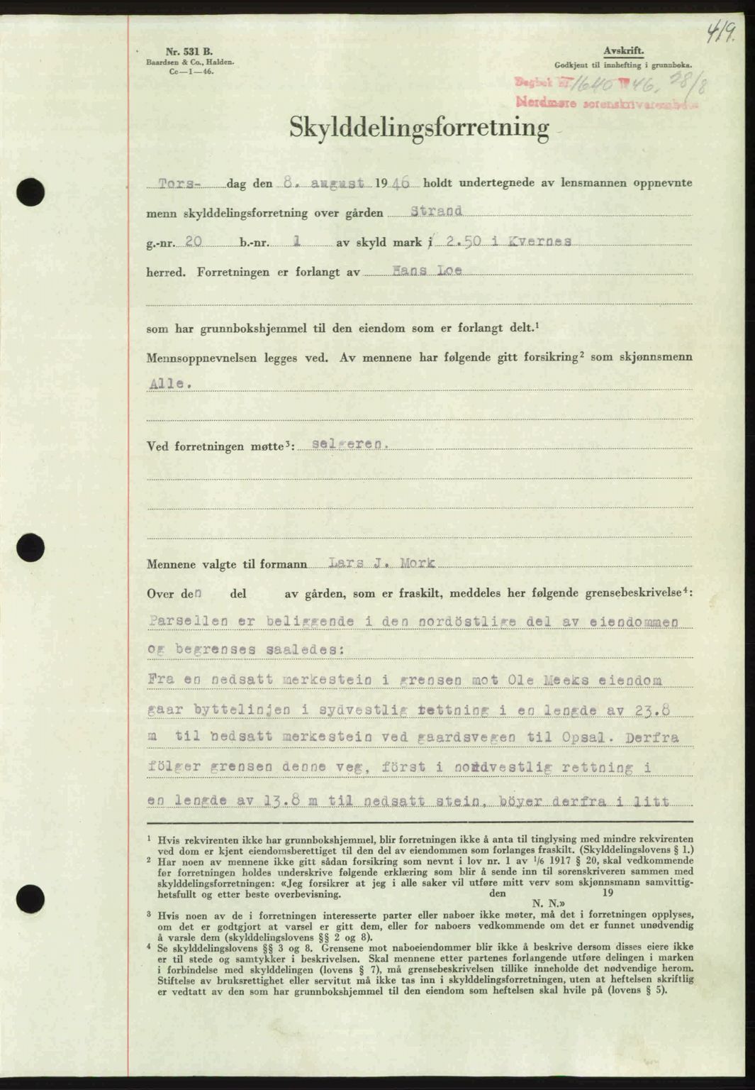 Nordmøre sorenskriveri, AV/SAT-A-4132/1/2/2Ca: Mortgage book no. A102, 1946-1946, Diary no: : 1640/1946