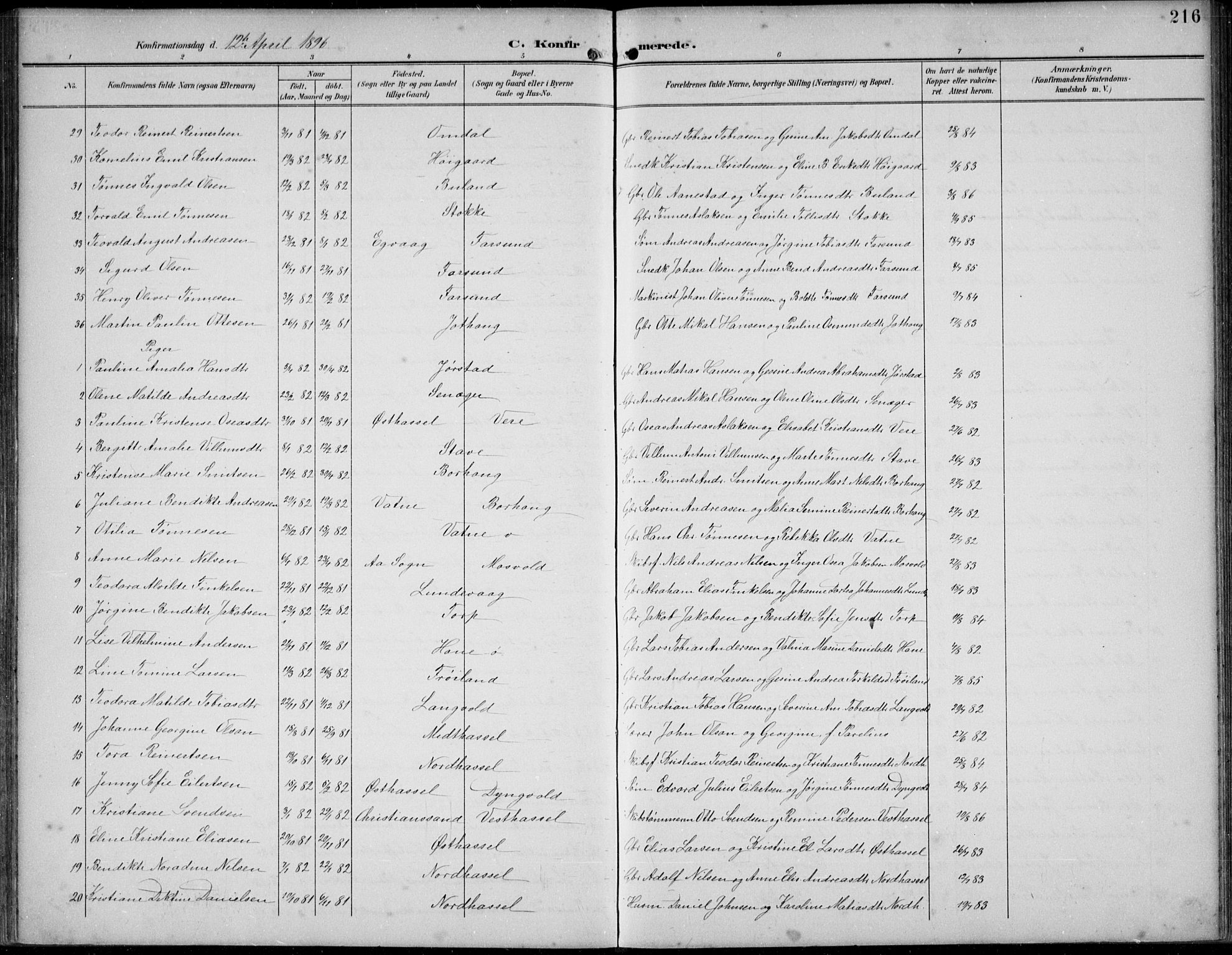 Lista sokneprestkontor, AV/SAK-1111-0027/F/Fb/L0005: Parish register (copy) no. B 5, 1892-1923, p. 216