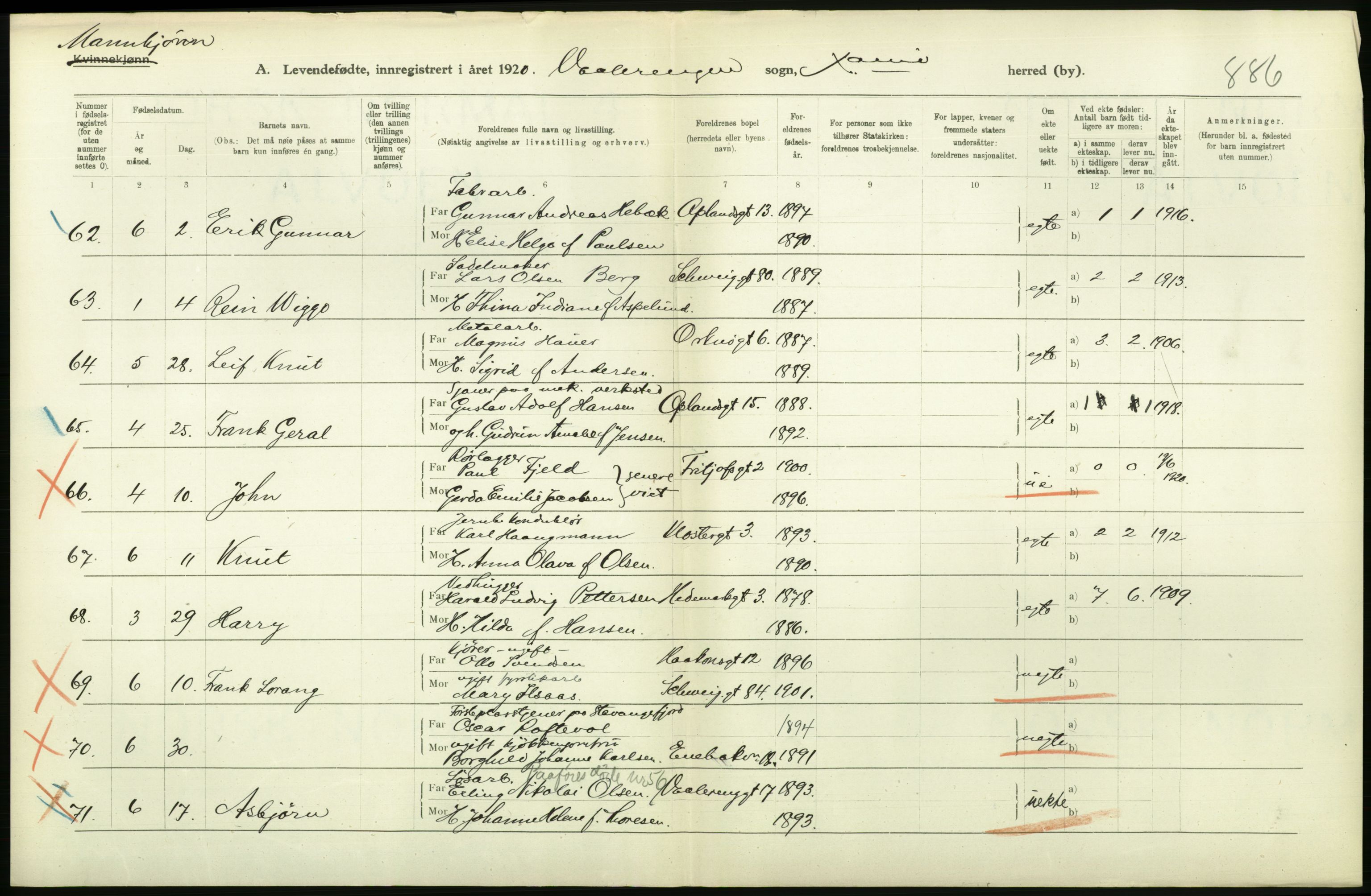 Statistisk sentralbyrå, Sosiodemografiske emner, Befolkning, AV/RA-S-2228/D/Df/Dfb/Dfbj/L0008: Kristiania: Levendefødte menn og kvinner., 1920, p. 96