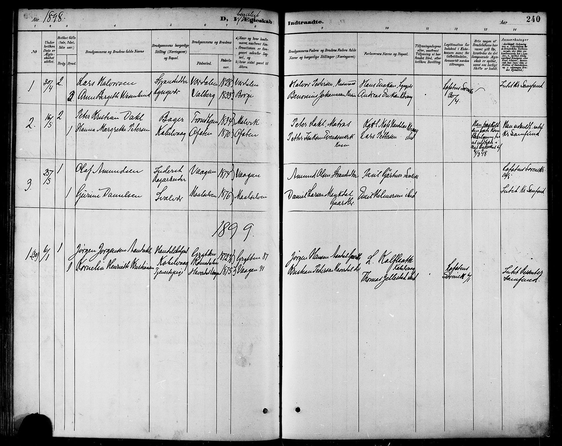 Ministerialprotokoller, klokkerbøker og fødselsregistre - Nordland, AV/SAT-A-1459/874/L1060: Parish register (official) no. 874A04, 1890-1899, p. 240