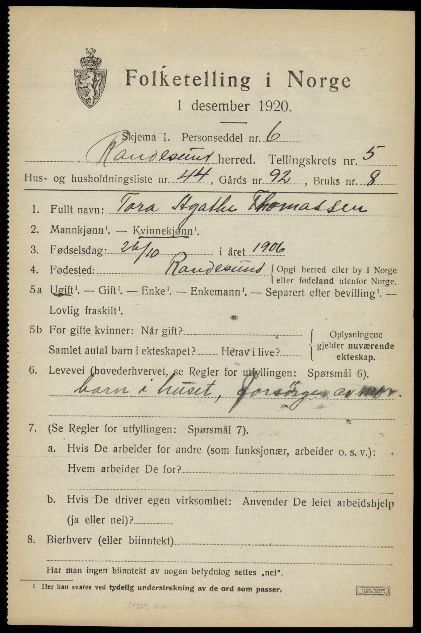 SAK, 1920 census for Randesund, 1920, p. 2730