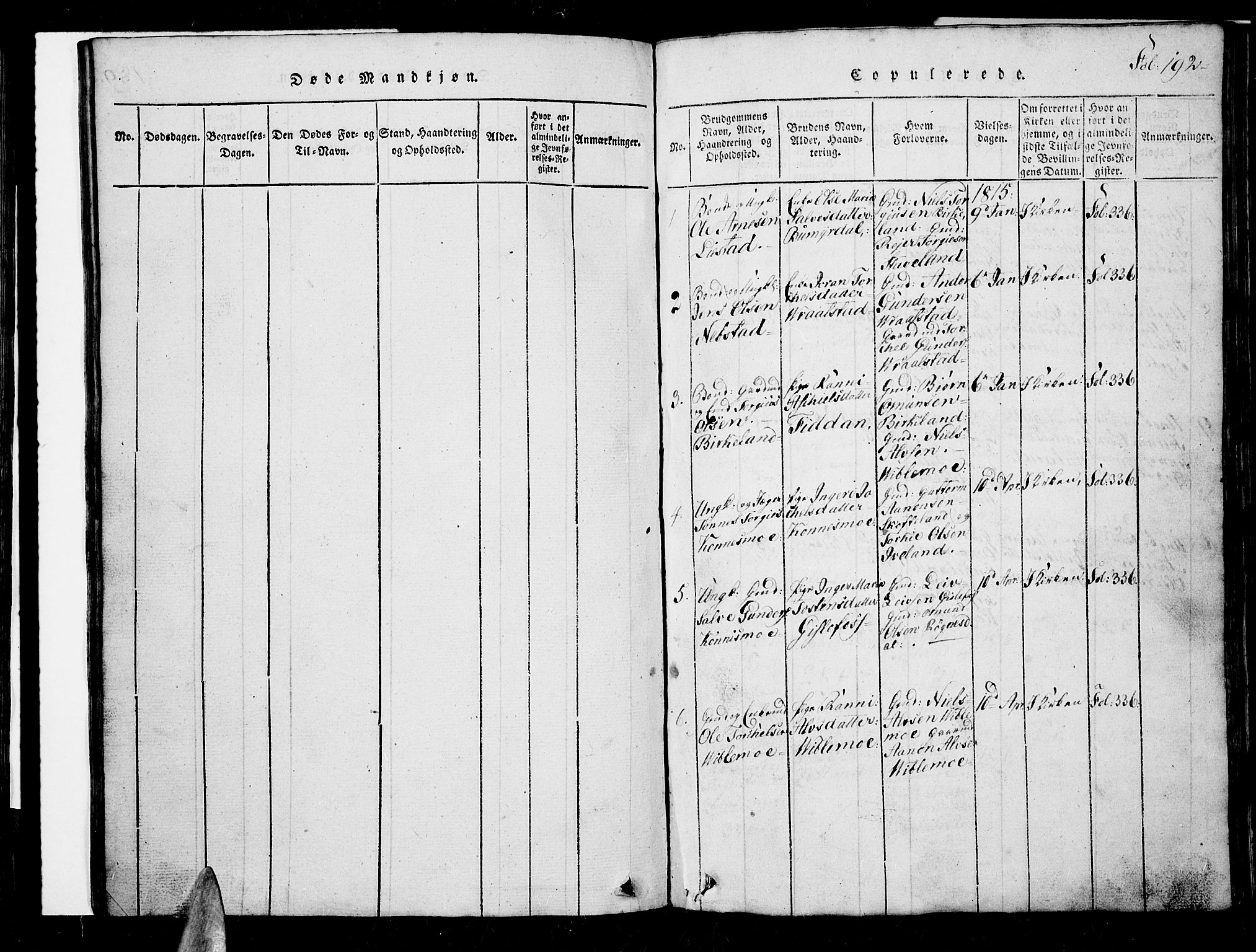 Nord-Audnedal sokneprestkontor, SAK/1111-0032/F/Fb/Fba/L0001: Parish register (copy) no. B 1, 1815-1856, p. 192