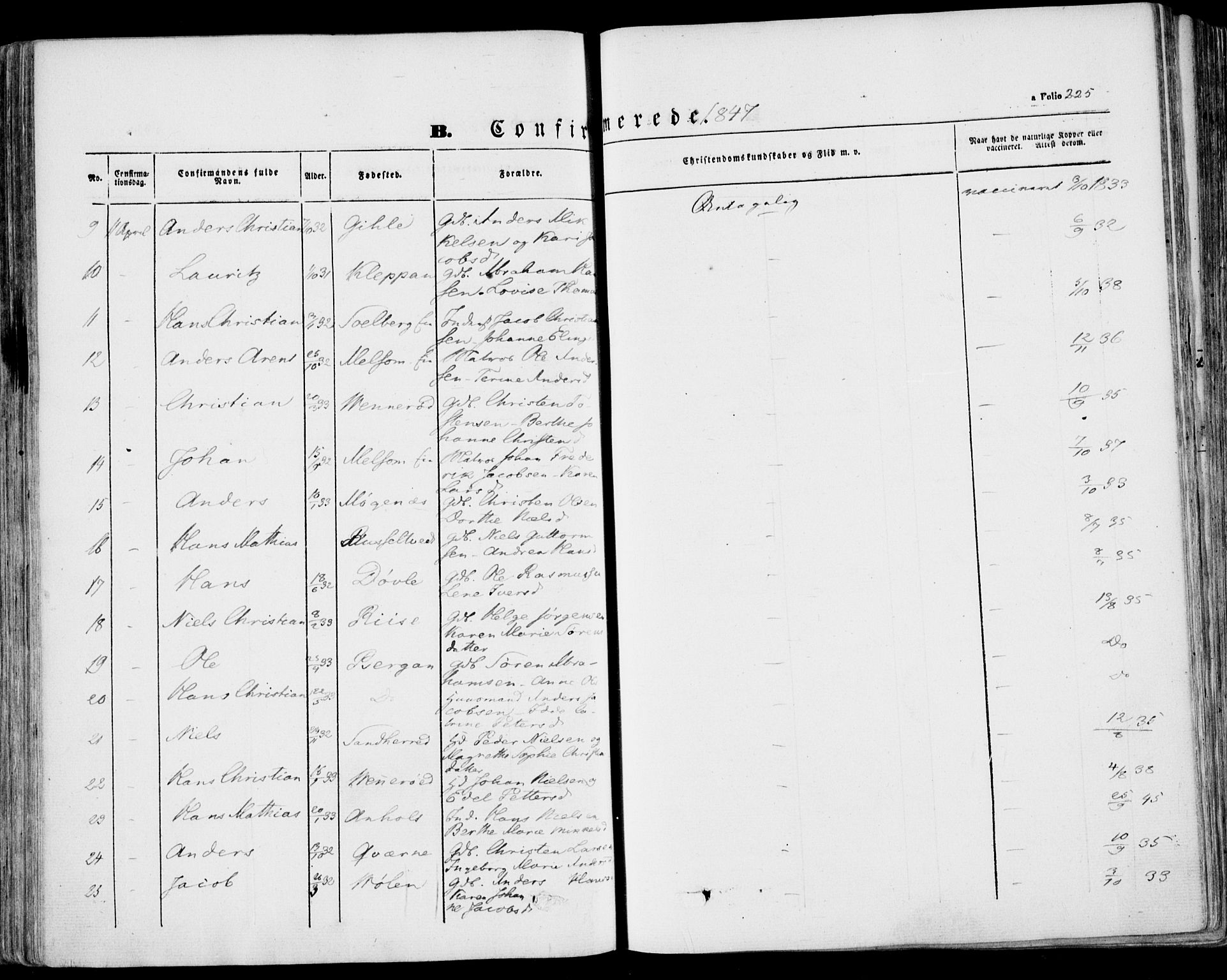 Stokke kirkebøker, AV/SAKO-A-320/F/Fa/L0007: Parish register (official) no. I 7, 1844-1857, p. 225