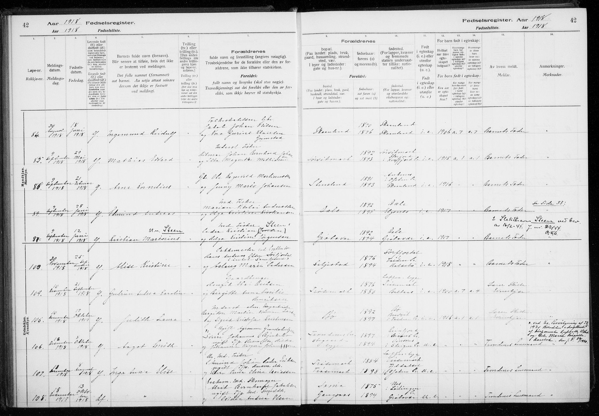 Trondenes sokneprestkontor, AV/SATØ-S-1319/I/Ia/L0089: Birth register no. 89, 1916-1925, p. 42