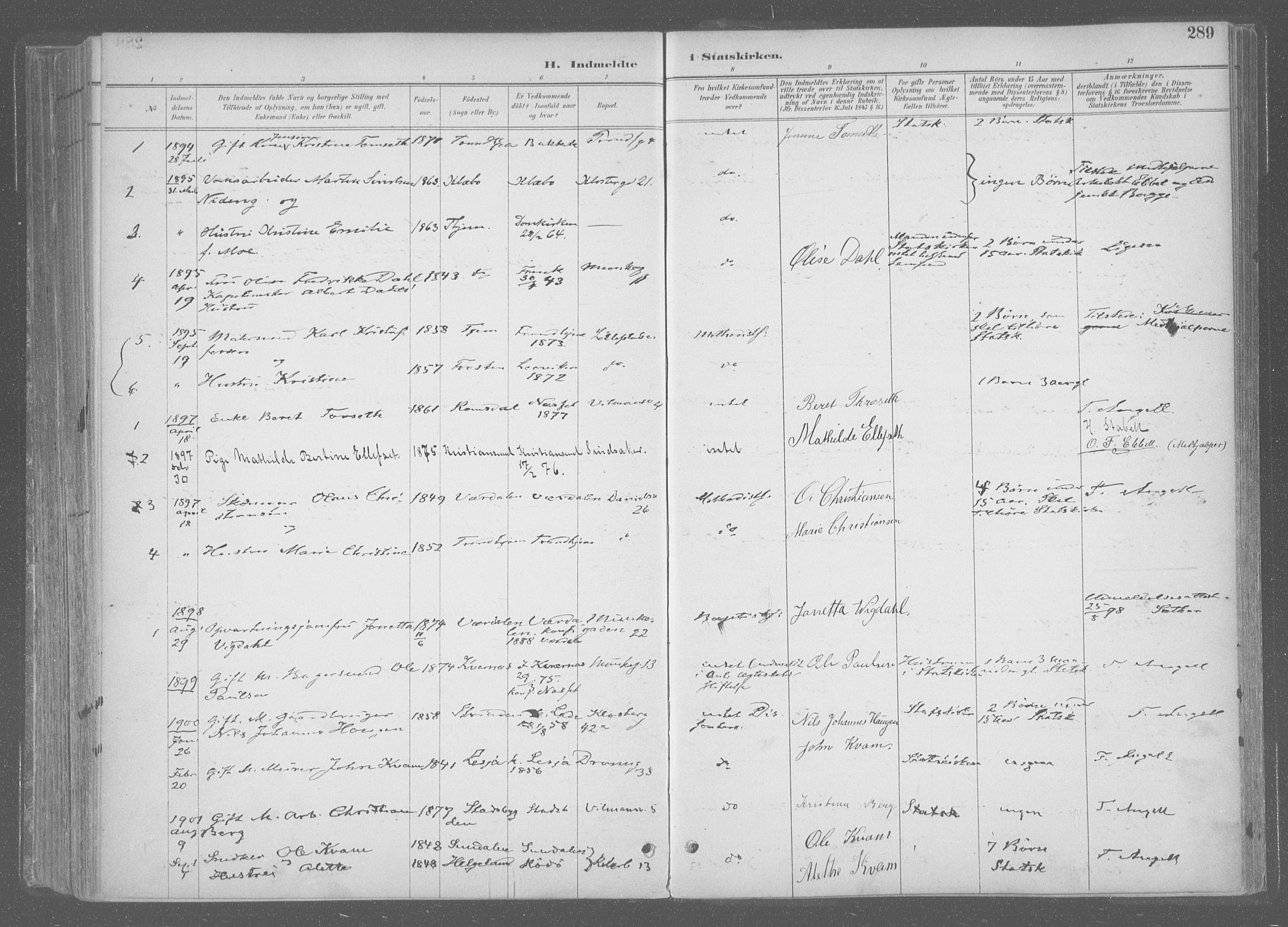 Ministerialprotokoller, klokkerbøker og fødselsregistre - Sør-Trøndelag, SAT/A-1456/601/L0064: Parish register (official) no. 601A31, 1891-1911, p. 289