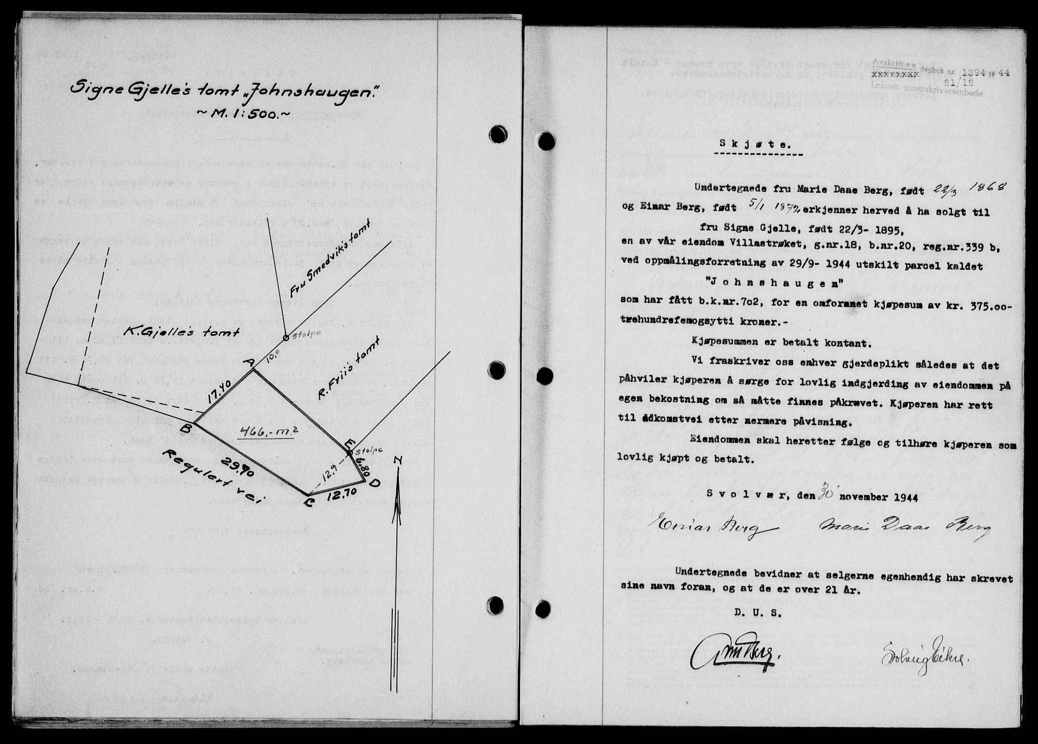 Lofoten sorenskriveri, SAT/A-0017/1/2/2C/L0013a: Mortgage book no. 13a, 1944-1946, Diary no: : 1394/1944