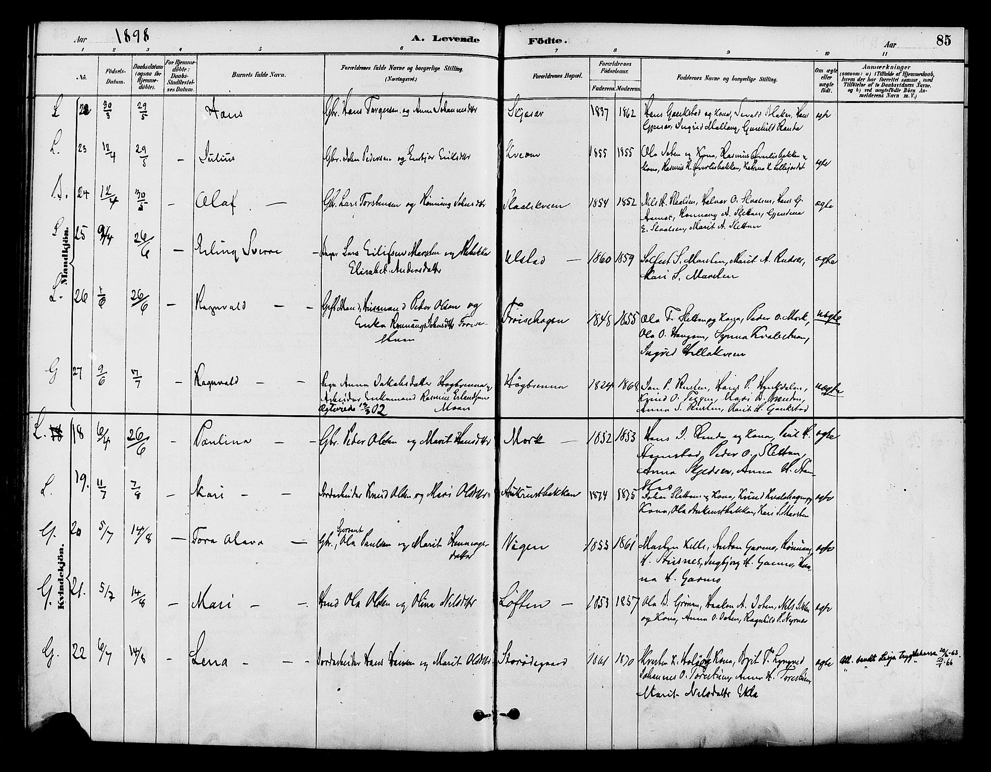 Lom prestekontor, AV/SAH-PREST-070/K/L0008: Parish register (official) no. 8, 1885-1898, p. 85