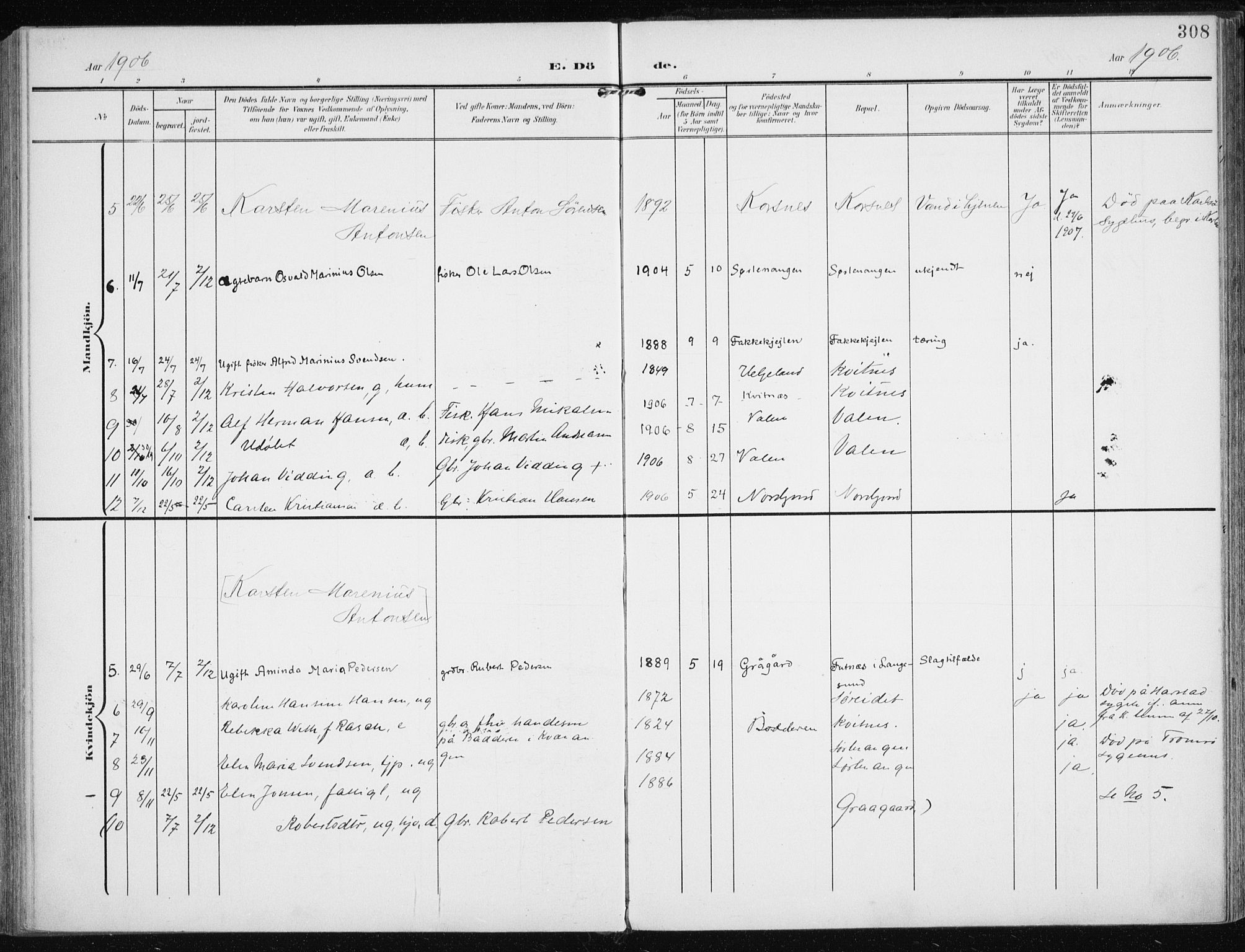 Karlsøy sokneprestembete, AV/SATØ-S-1299/H/Ha/Haa/L0014kirke: Parish register (official) no. 14, 1903-1917, p. 308