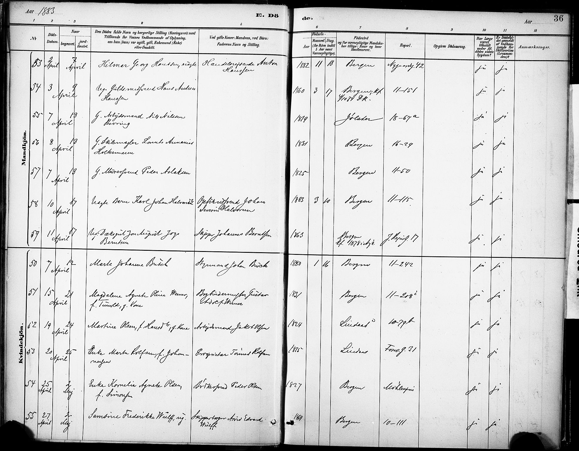 Domkirken sokneprestembete, SAB/A-74801/H/Haa/L0043: Parish register (official) no. E 5, 1882-1904, p. 36