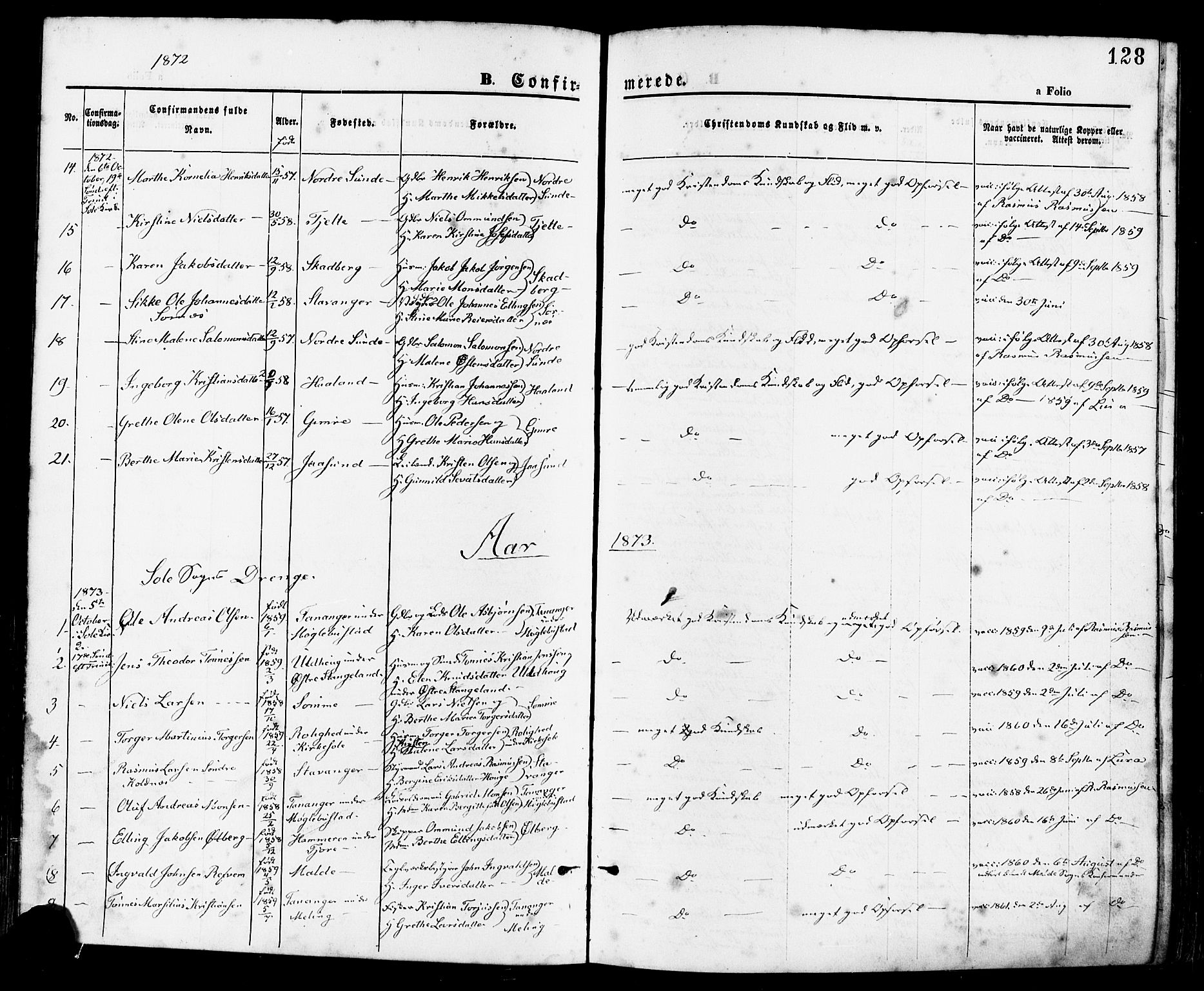 Håland sokneprestkontor, SAST/A-101802/001/30BA/L0009: Parish register (official) no. A 8, 1871-1882, p. 128