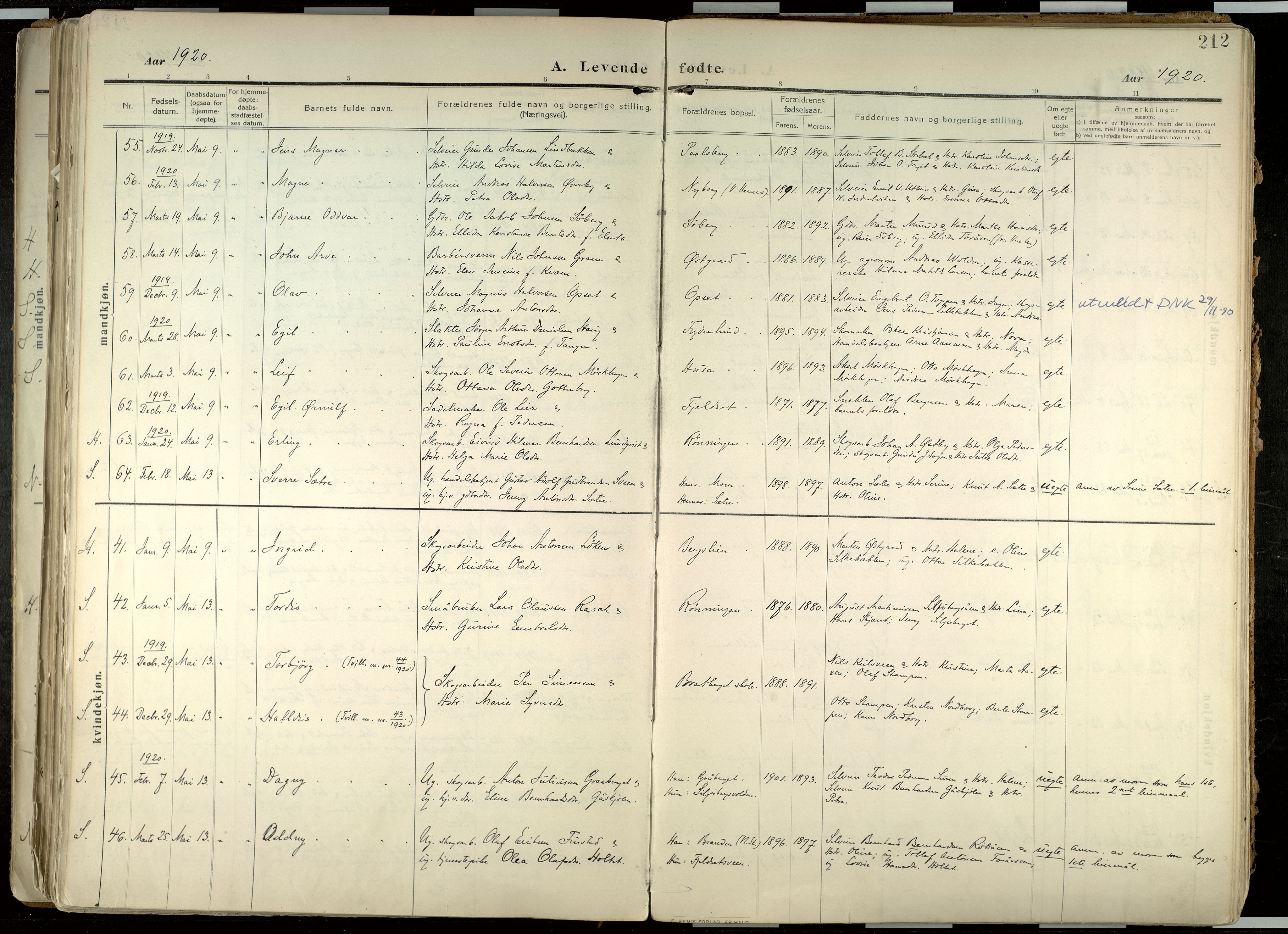 Elverum prestekontor, AV/SAH-PREST-044/H/Ha/Haa/L0020: Parish register (official) no. 20, 1909-1921, p. 212