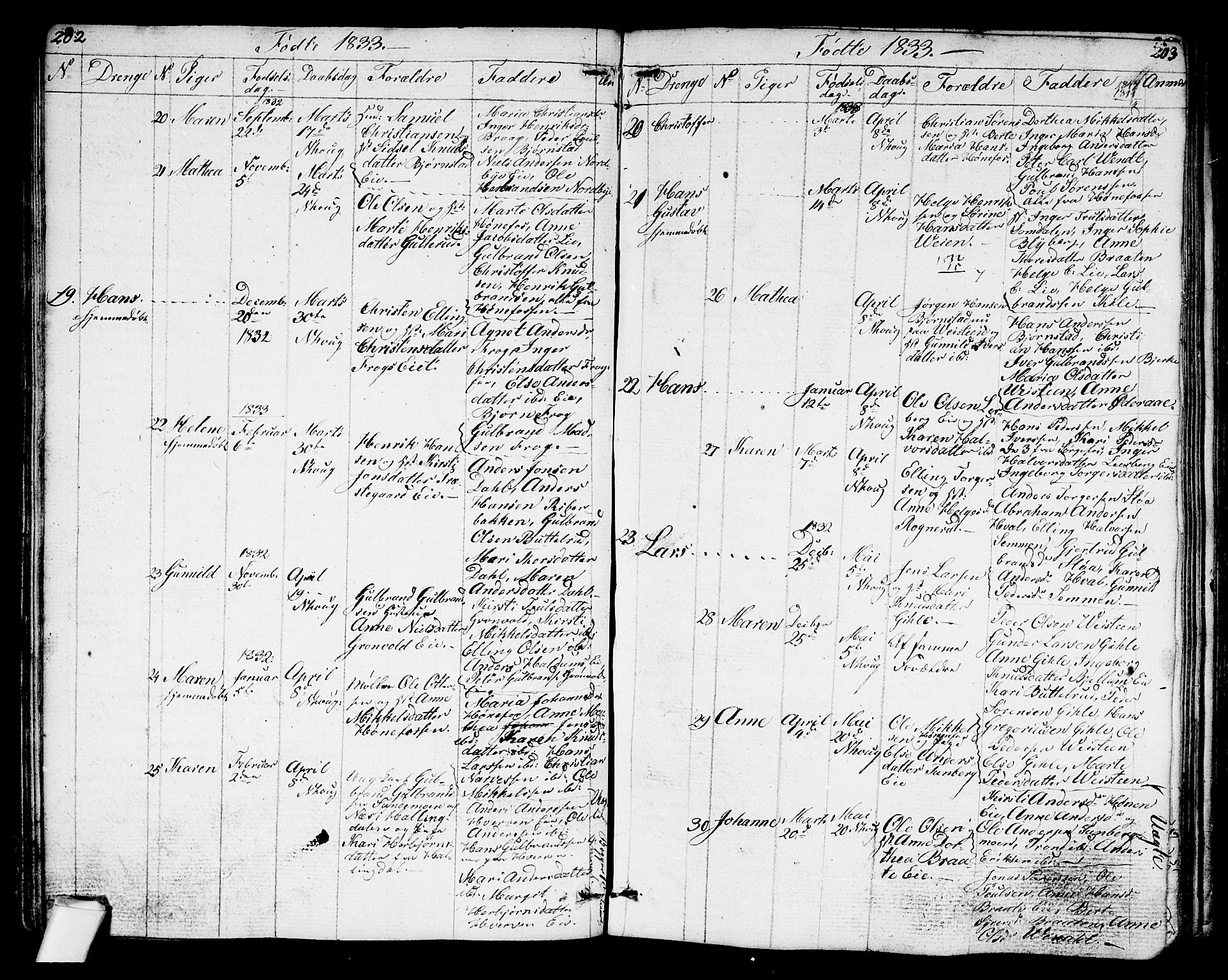 Norderhov kirkebøker, AV/SAKO-A-237/G/Ga/L0004: Parish register (copy) no. I 4, 1824-1849, p. 202-203