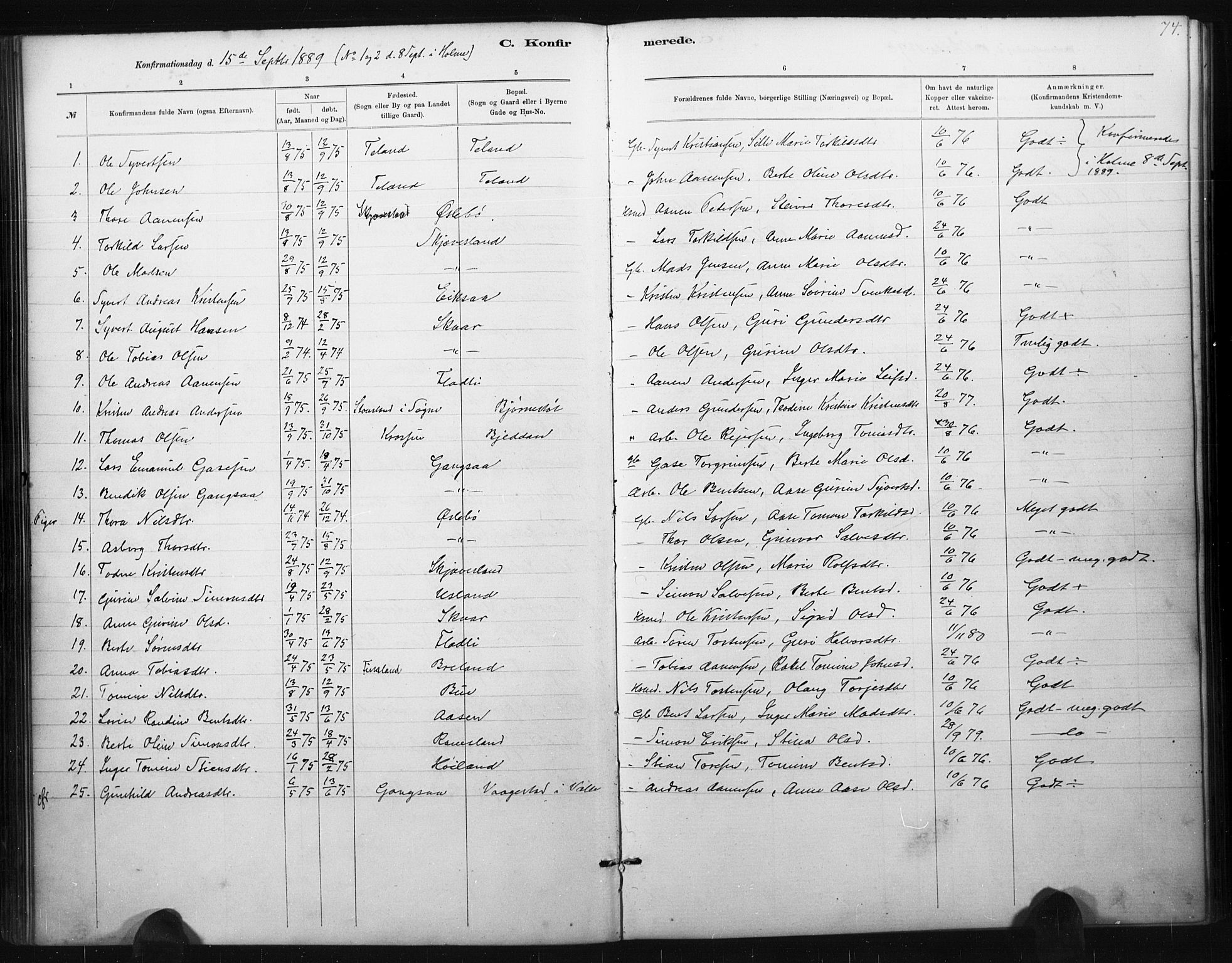 Holum sokneprestkontor, AV/SAK-1111-0022/F/Fa/Fac/L0004: Parish register (official) no. A 4, 1884-1907, p. 74