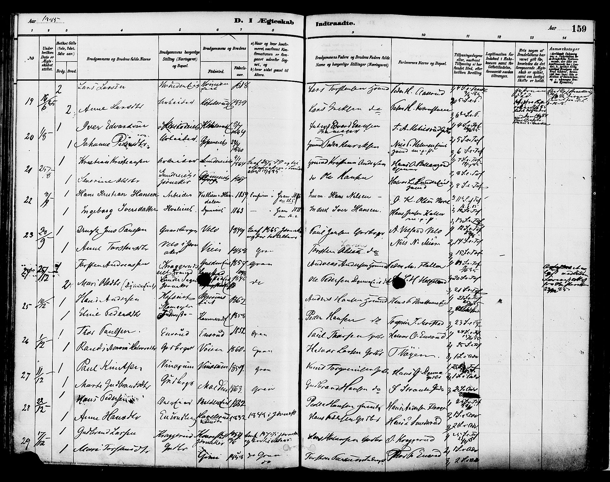 Gran prestekontor, AV/SAH-PREST-112/H/Ha/Haa/L0014: Parish register (official) no. 14, 1880-1889, p. 159