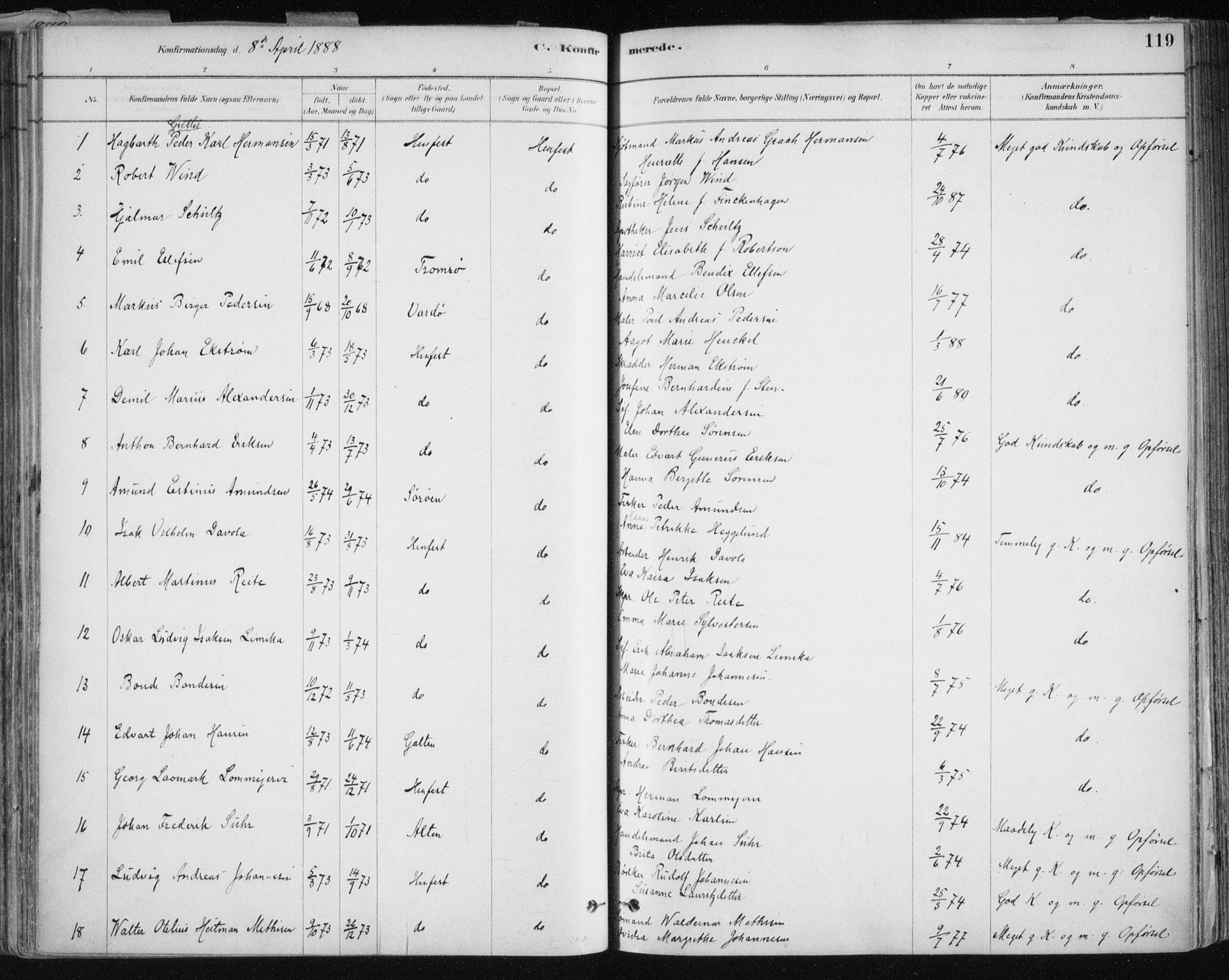 Hammerfest sokneprestkontor, SATØ/S-1347/H/Ha/L0008.kirke: Parish register (official) no. 8, 1878-1889, p. 119