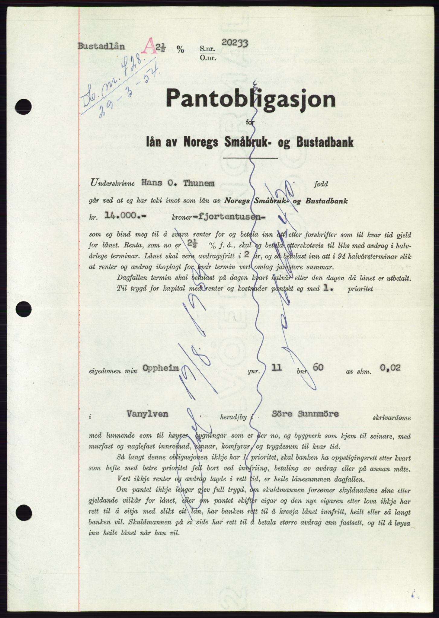 Søre Sunnmøre sorenskriveri, AV/SAT-A-4122/1/2/2C/L0124: Mortgage book no. 12B, 1953-1954, Diary no: : 728/1954