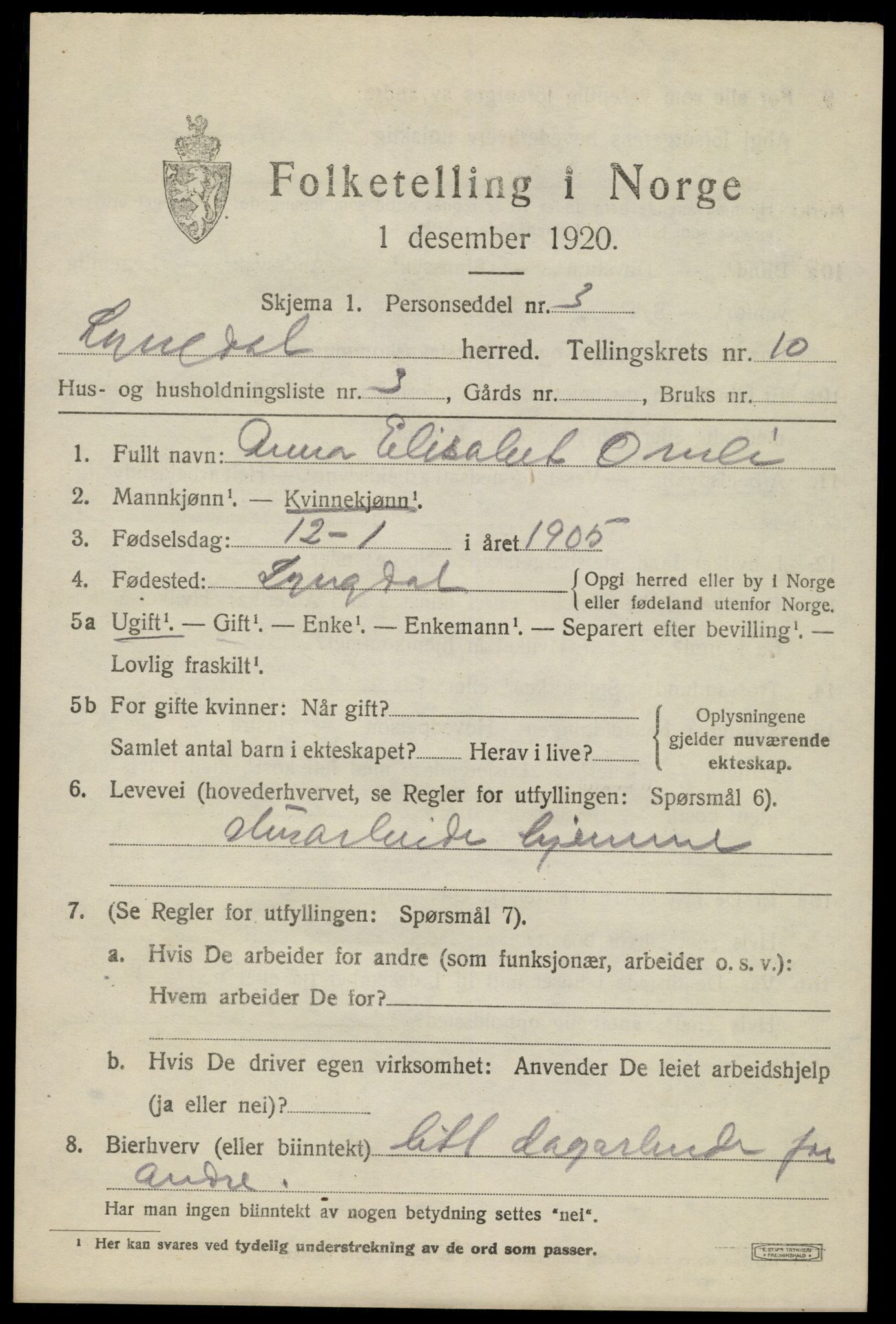 SAK, 1920 census for Lyngdal, 1920, p. 4887