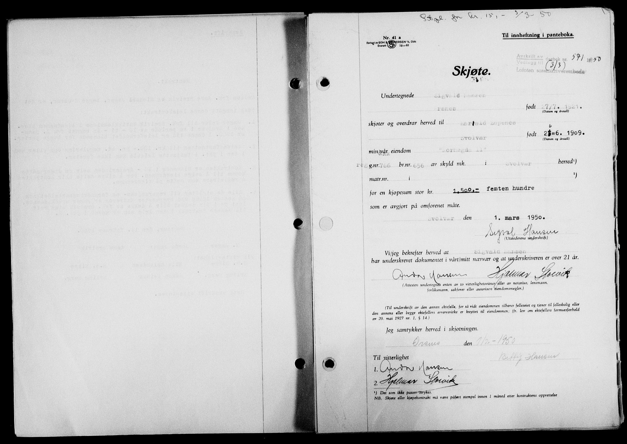 Lofoten sorenskriveri, SAT/A-0017/1/2/2C/L0023a: Mortgage book no. 23a, 1950-1950, Diary no: : 571/1950