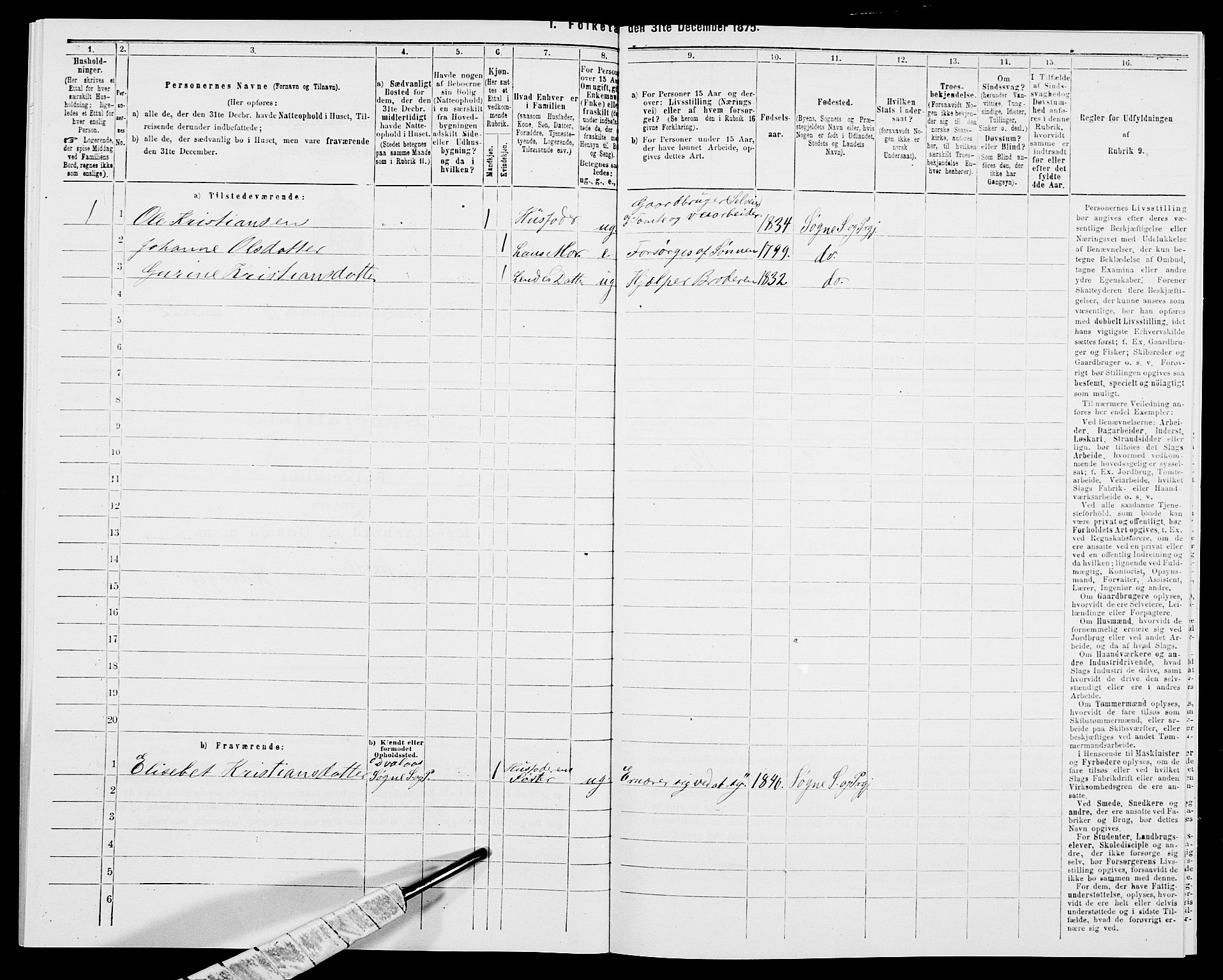 SAK, 1875 census for 1018P Søgne, 1875, p. 827